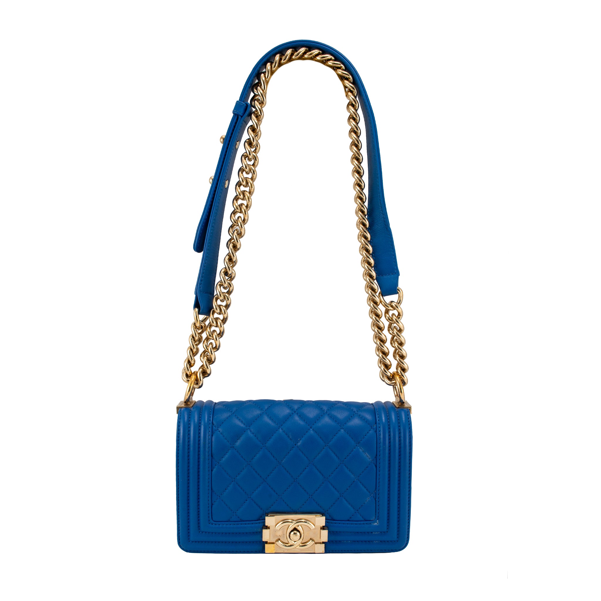 Chanel Small Boy Flap Blue Quilted Lambskin Gold Hardware Shoulder Bag