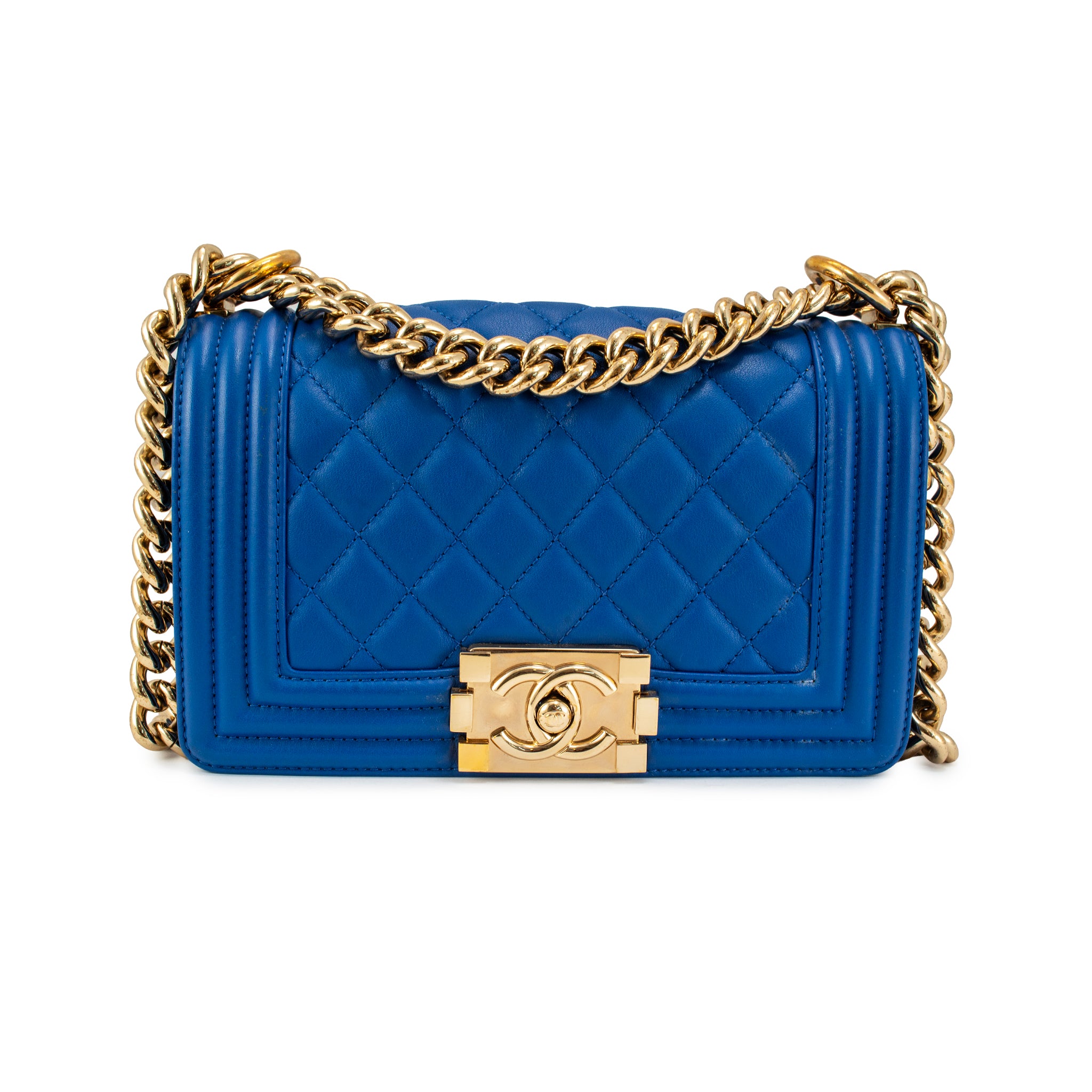 Chanel Small Boy Flap Blue Quilted Lambskin Gold Hardware Shoulder Bag