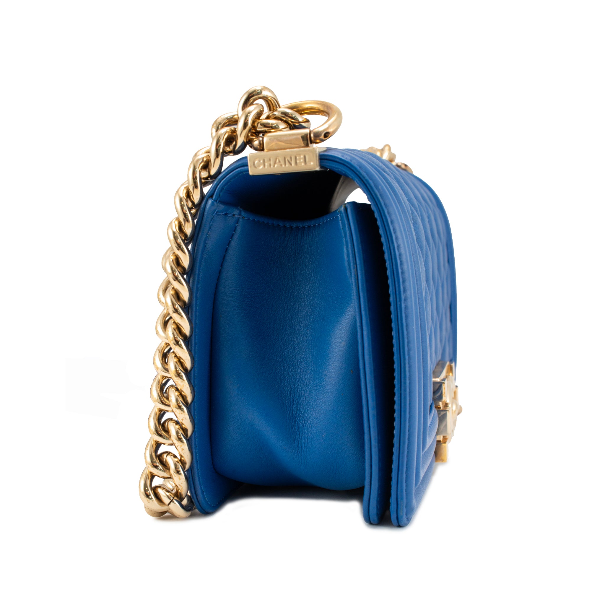 Chanel Small Boy Flap Blue Quilted Lambskin Gold Hardware Shoulder Bag