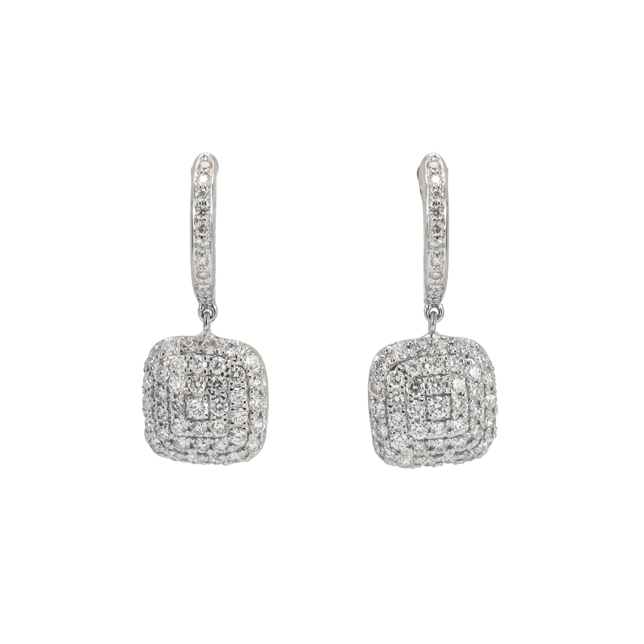 Ladies 14K White Gold 1.11ctw Round Diamond Square Pave Cluster Dangle Earrings