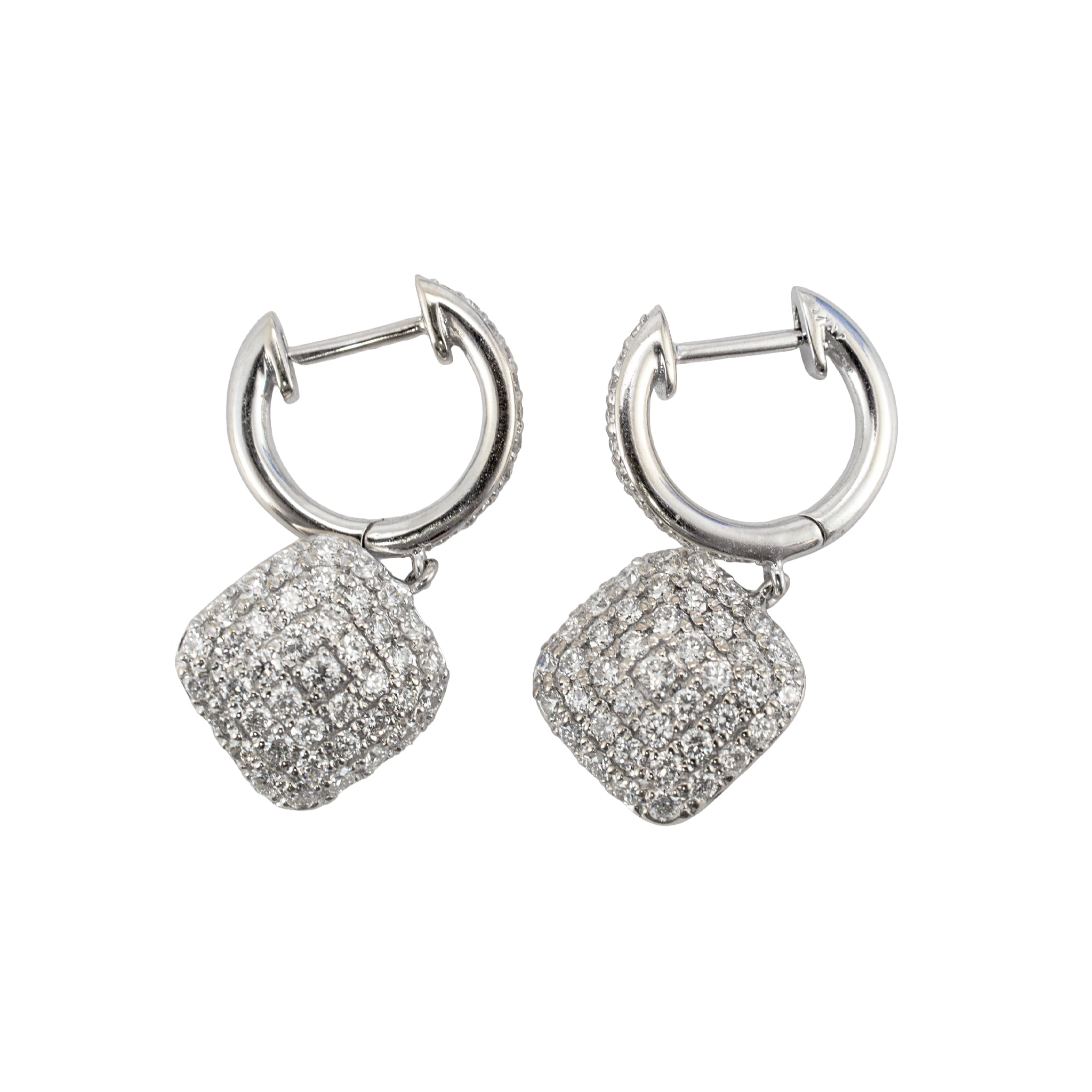 Ladies 14K White Gold 1.11ctw Round Diamond Square Pave Cluster Dangle Earrings