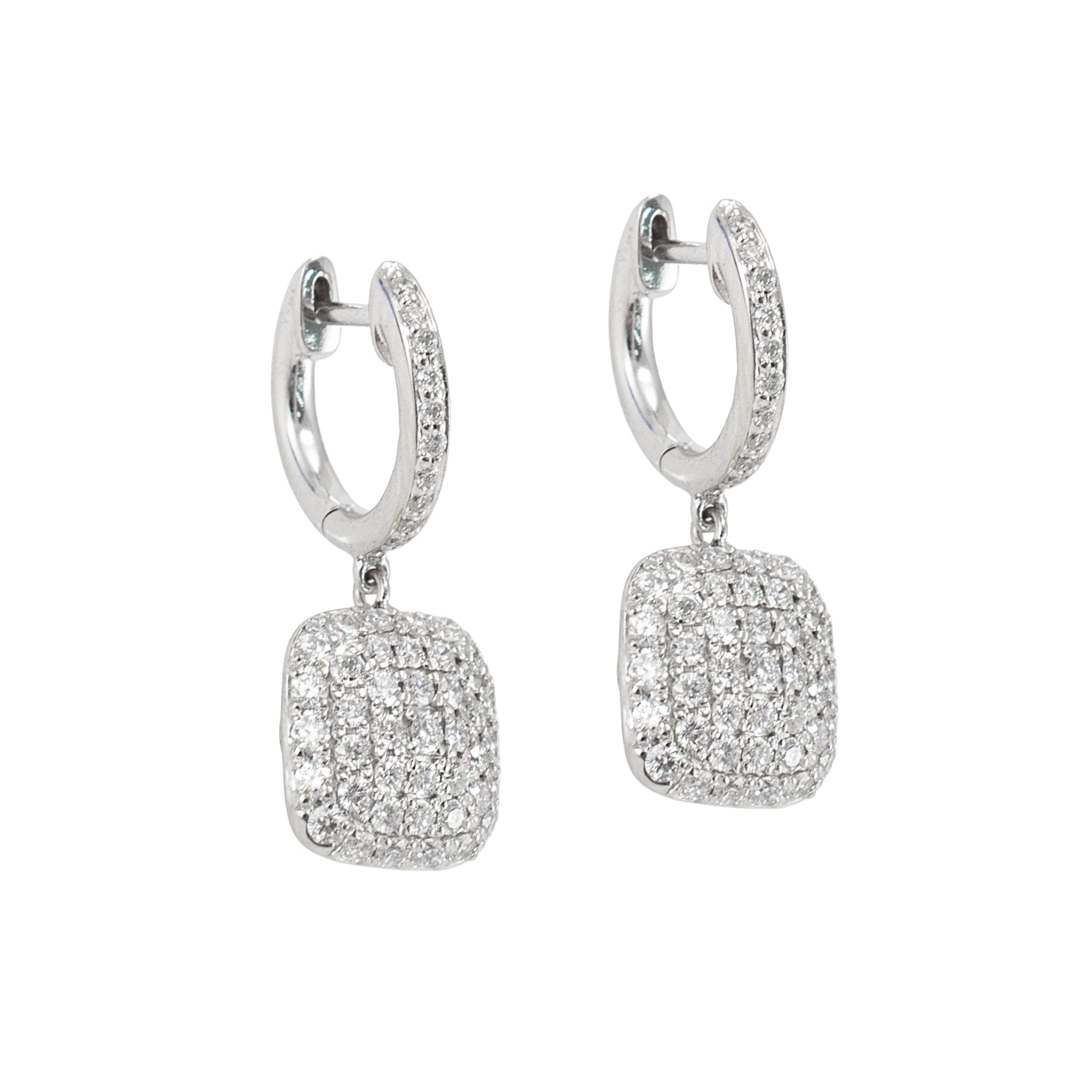 Ladies 14K White Gold 1.11ctw Round Diamond Square Pave Cluster Dangle Earrings