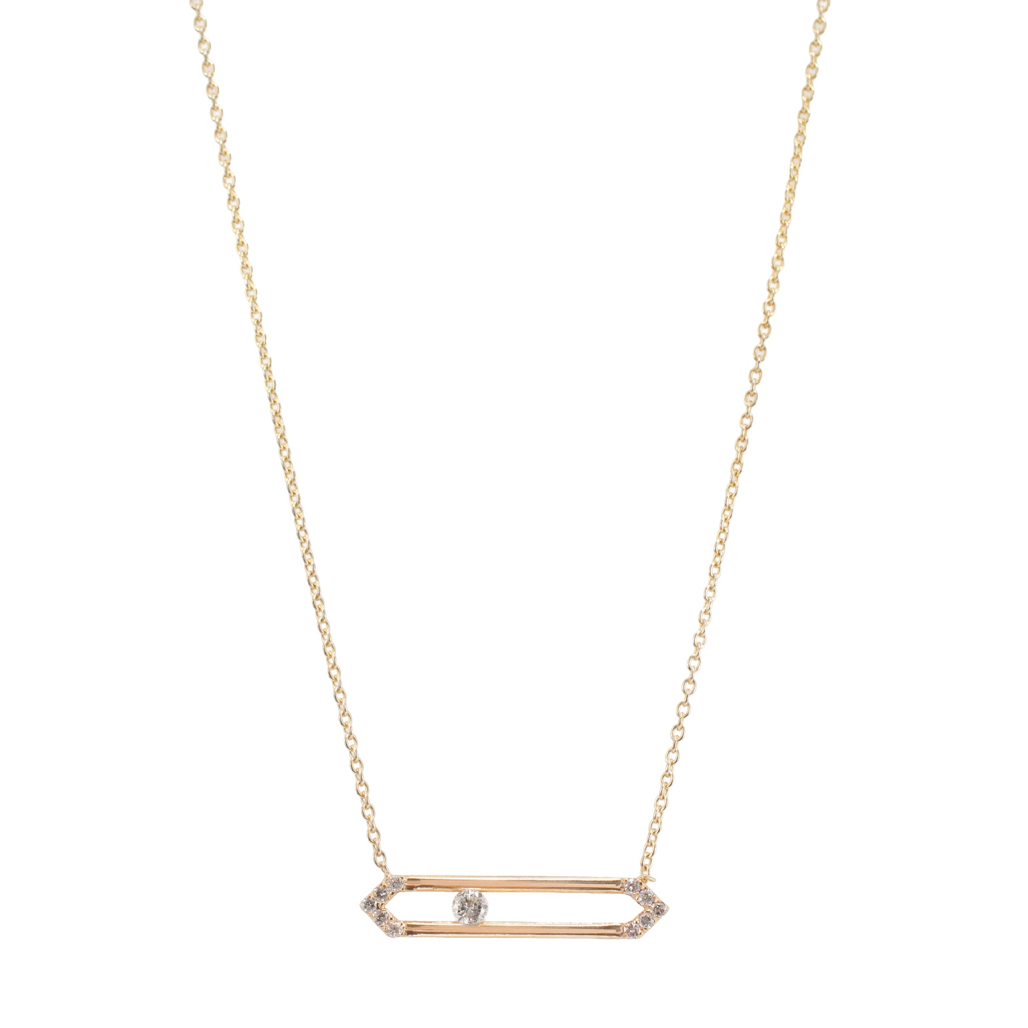 14K Yellow Gold 0.15ct Round Cut Diamond Floating Geometric Bar Pendant Necklace