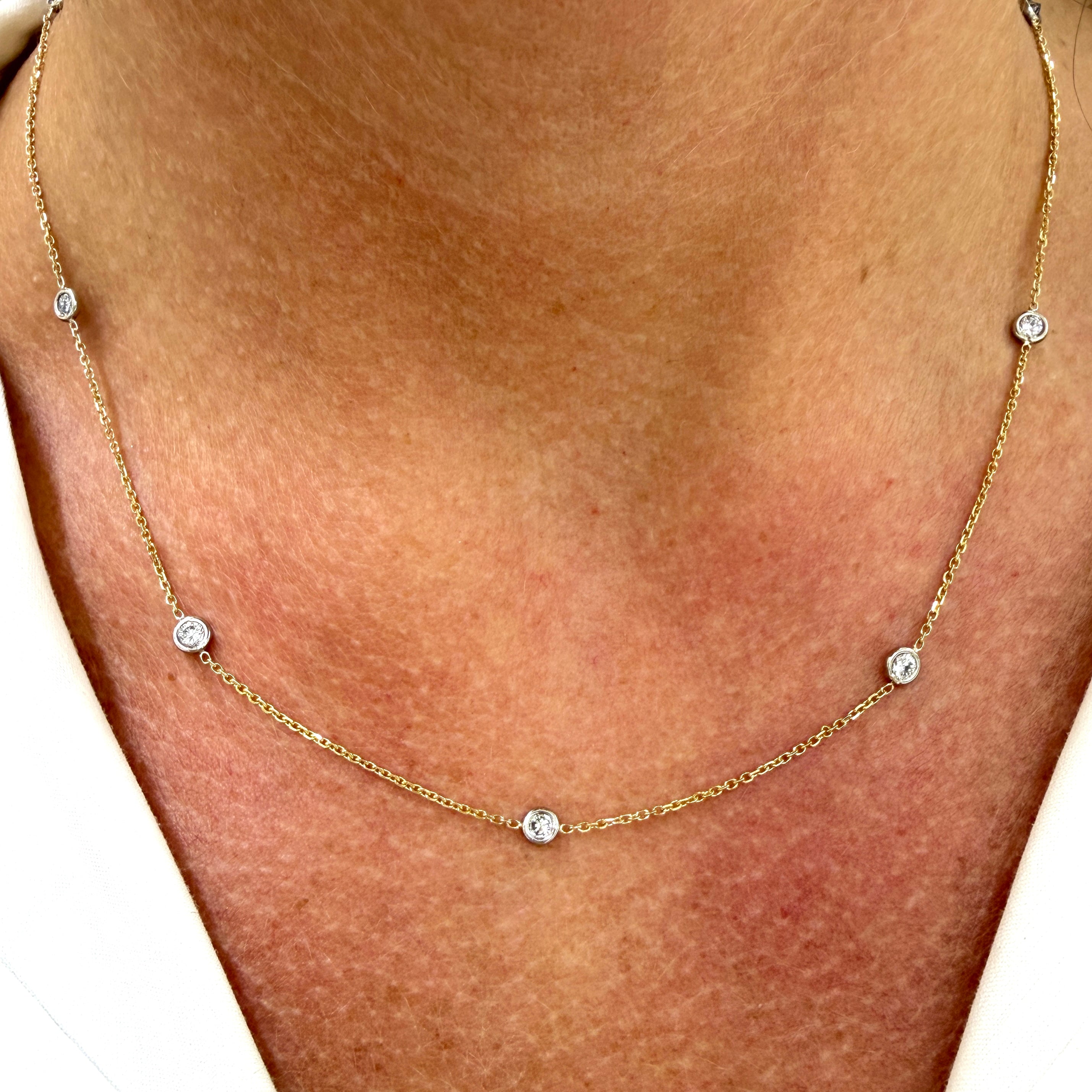 Ladies 14K Yellow Gold 0.45ctw Round Diamond by the Yard Station Chain Necklace