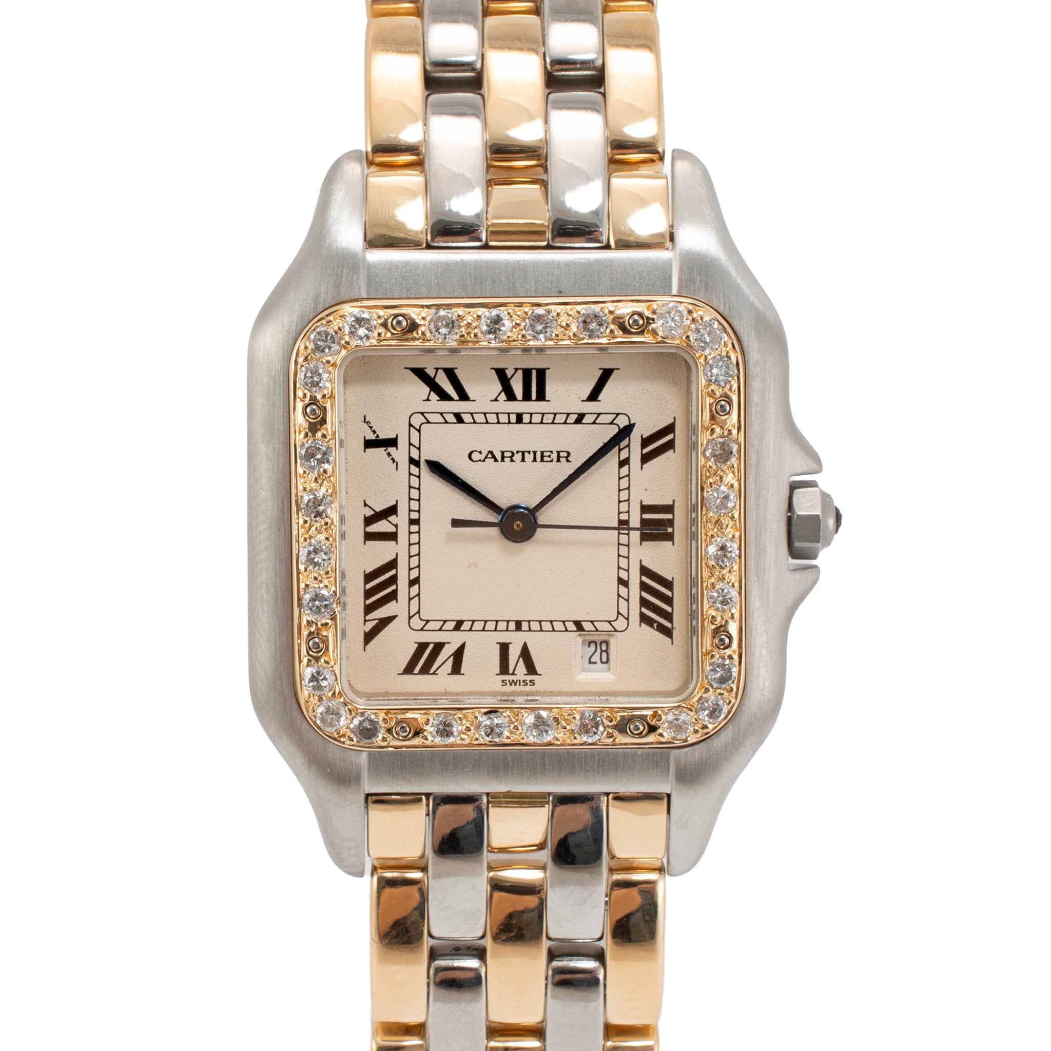 Ladies Cartier Panthere Three Row 27MM 187949 Diamond Bezel Gold Steel Watch