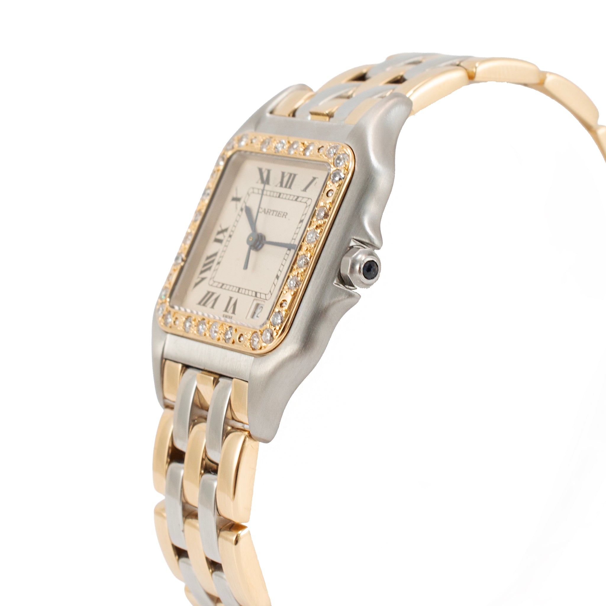 Ladies Cartier Panthere Three Row 27MM 187949 Diamond Bezel Gold Steel Watch
