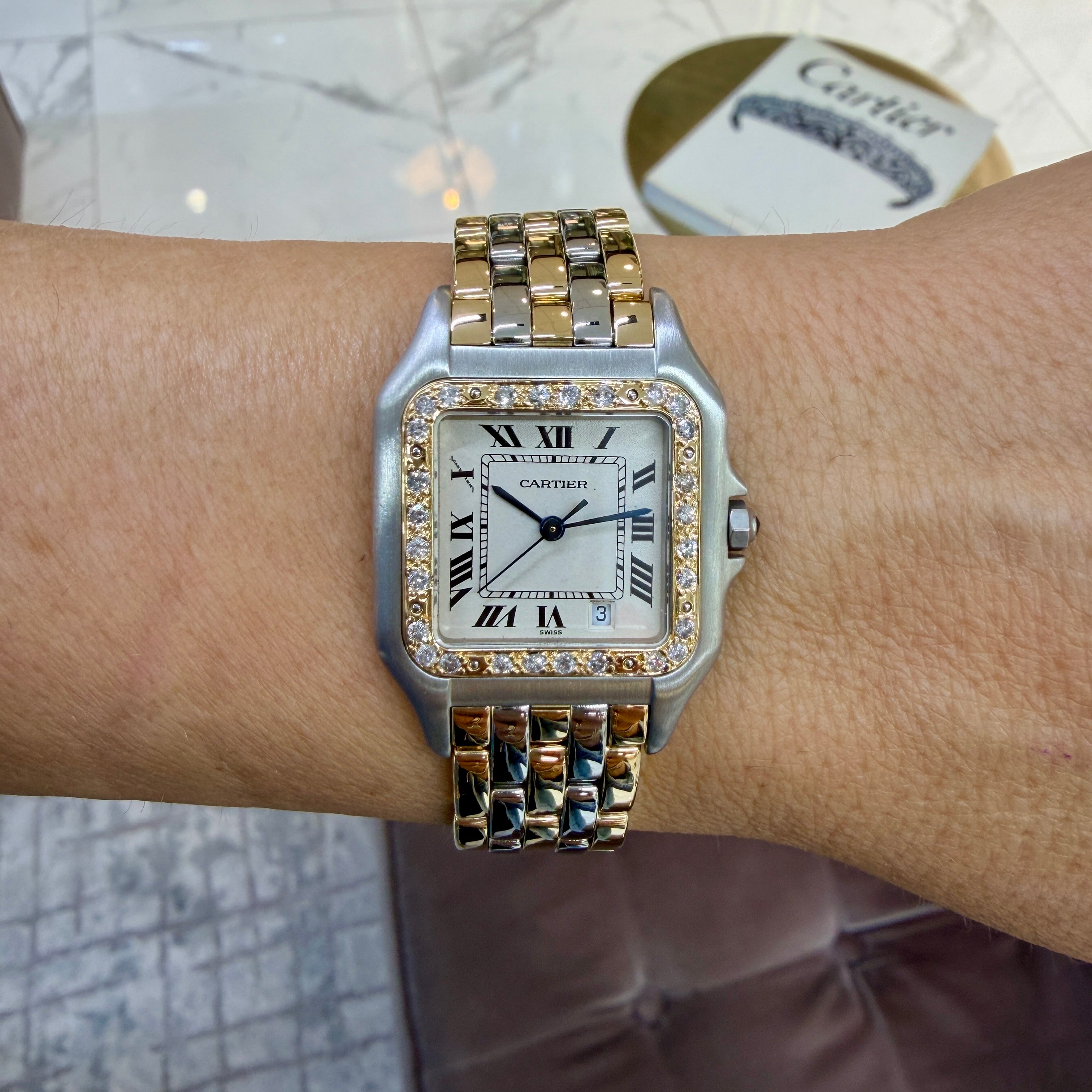 Ladies Cartier Panthere Three Row 27MM 187949 Diamond Bezel Gold Steel Watch