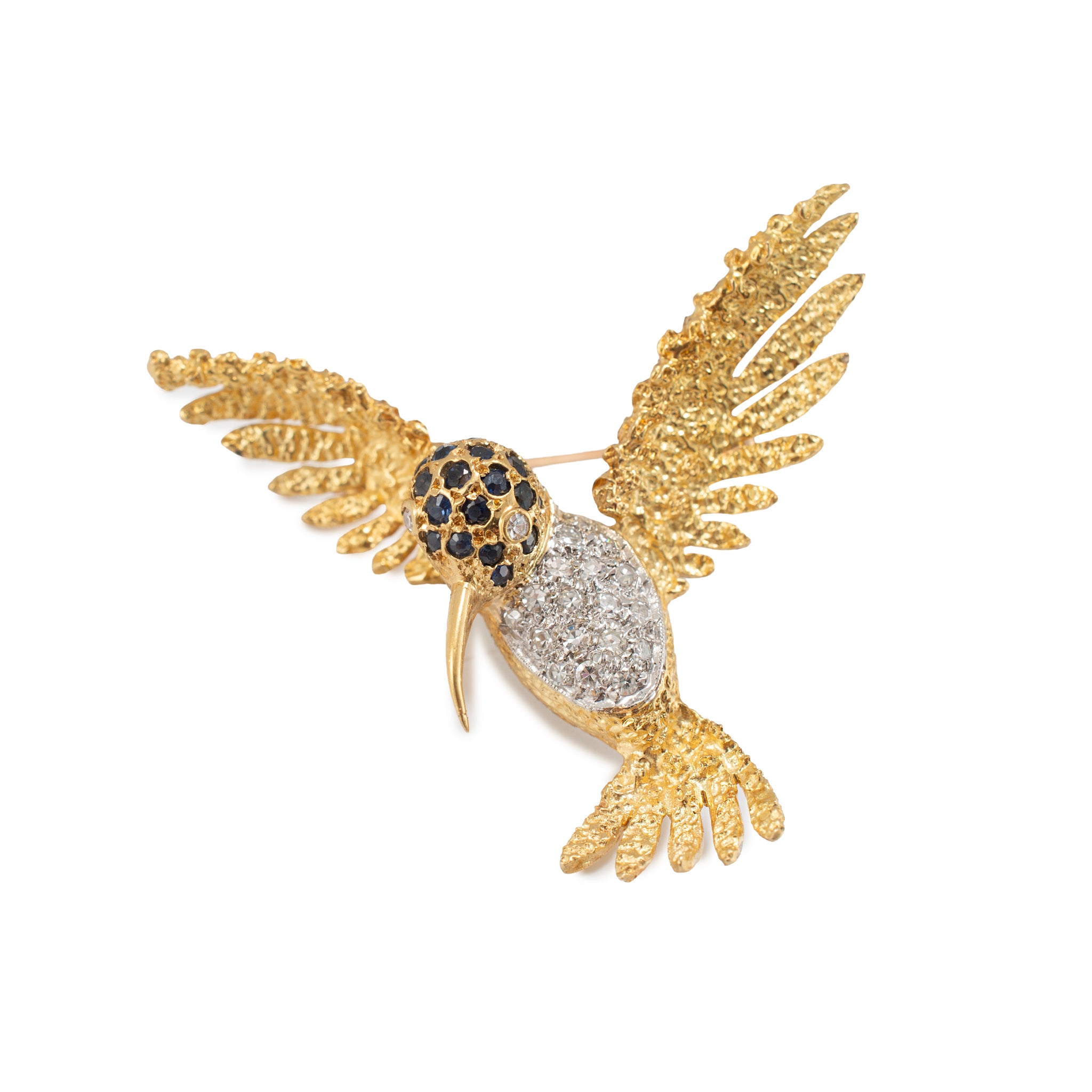 Vintage 18K Yellow Gold Sapphire Diamond Textured Wings Hummingbird PIN Brooch