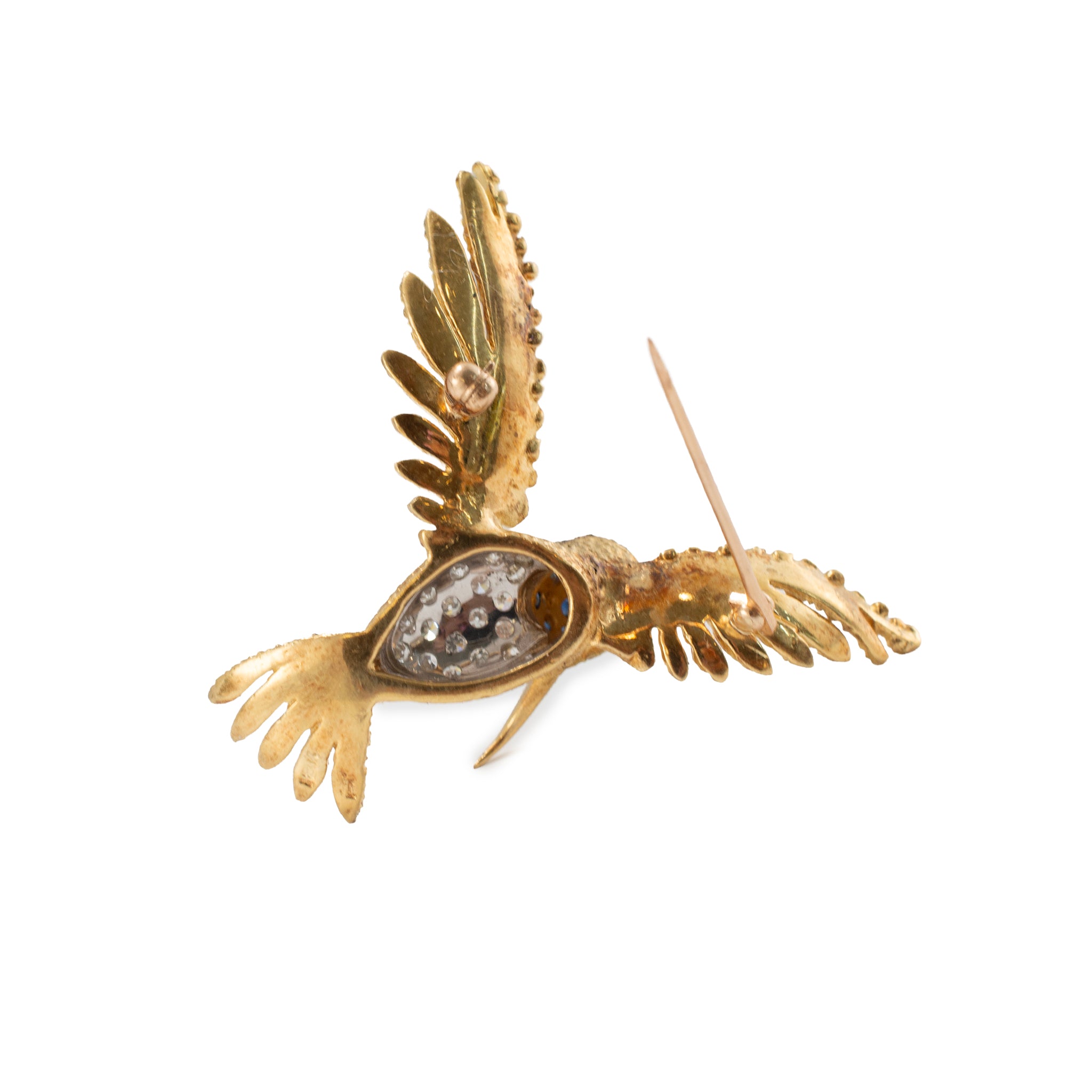 Vintage 18K Yellow Gold Sapphire Diamond Textured Wings Hummingbird PIN Brooch