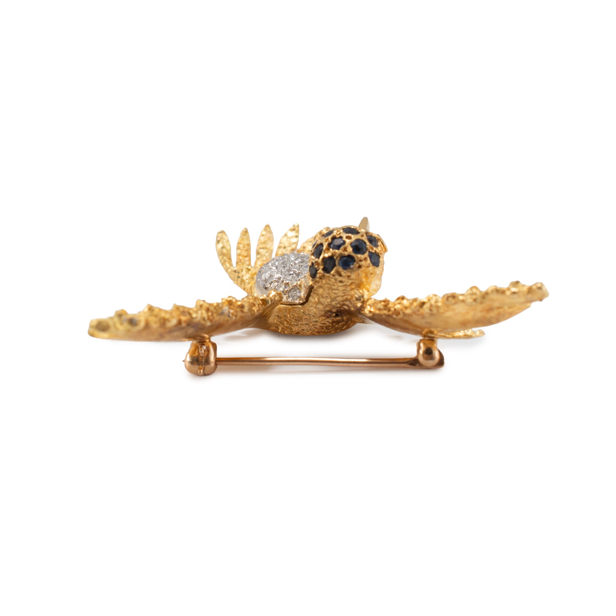 Vintage 18K Yellow Gold Sapphire Diamond Textured Wings Hummingbird PIN Brooch