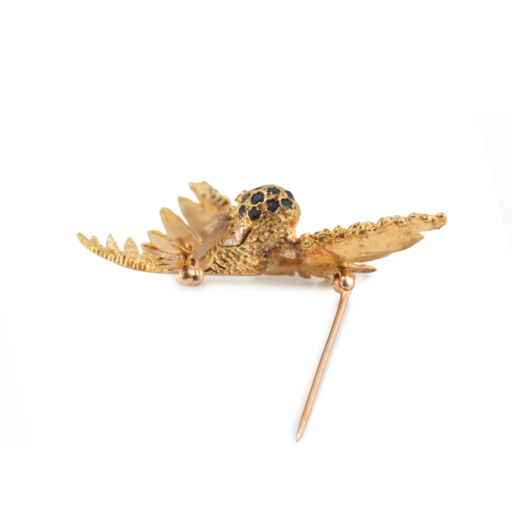 Vintage 18K Yellow Gold Sapphire Diamond Textured Wings Hummingbird PIN Brooch