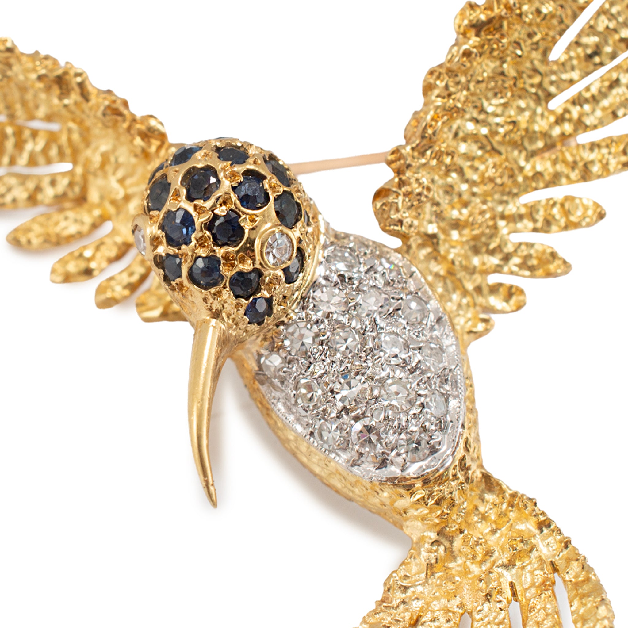 Vintage 18K Yellow Gold Sapphire Diamond Textured Wings Hummingbird PIN Brooch