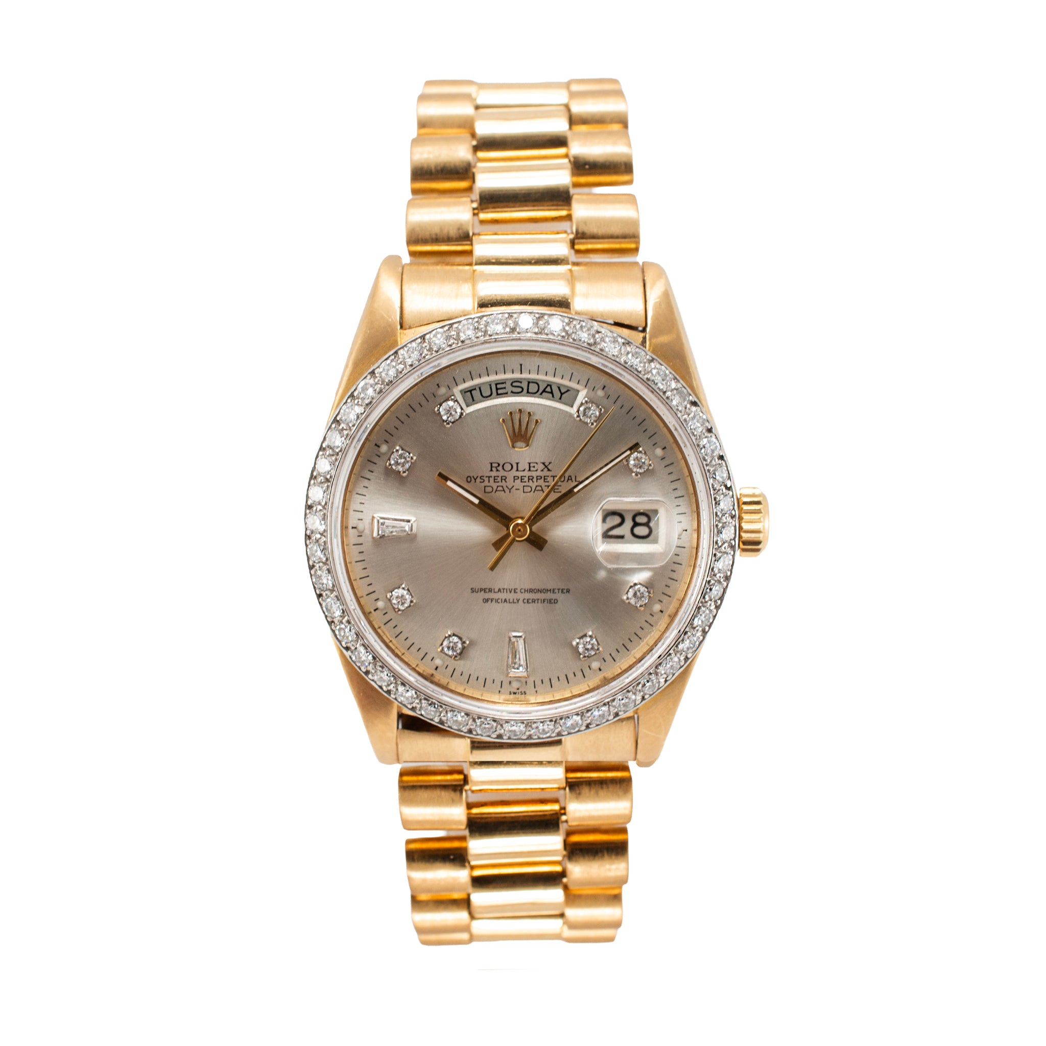 Rolex Day-Date 36MM 18048 President 18K Gold Diamond Bezel Silver Dial Watch
