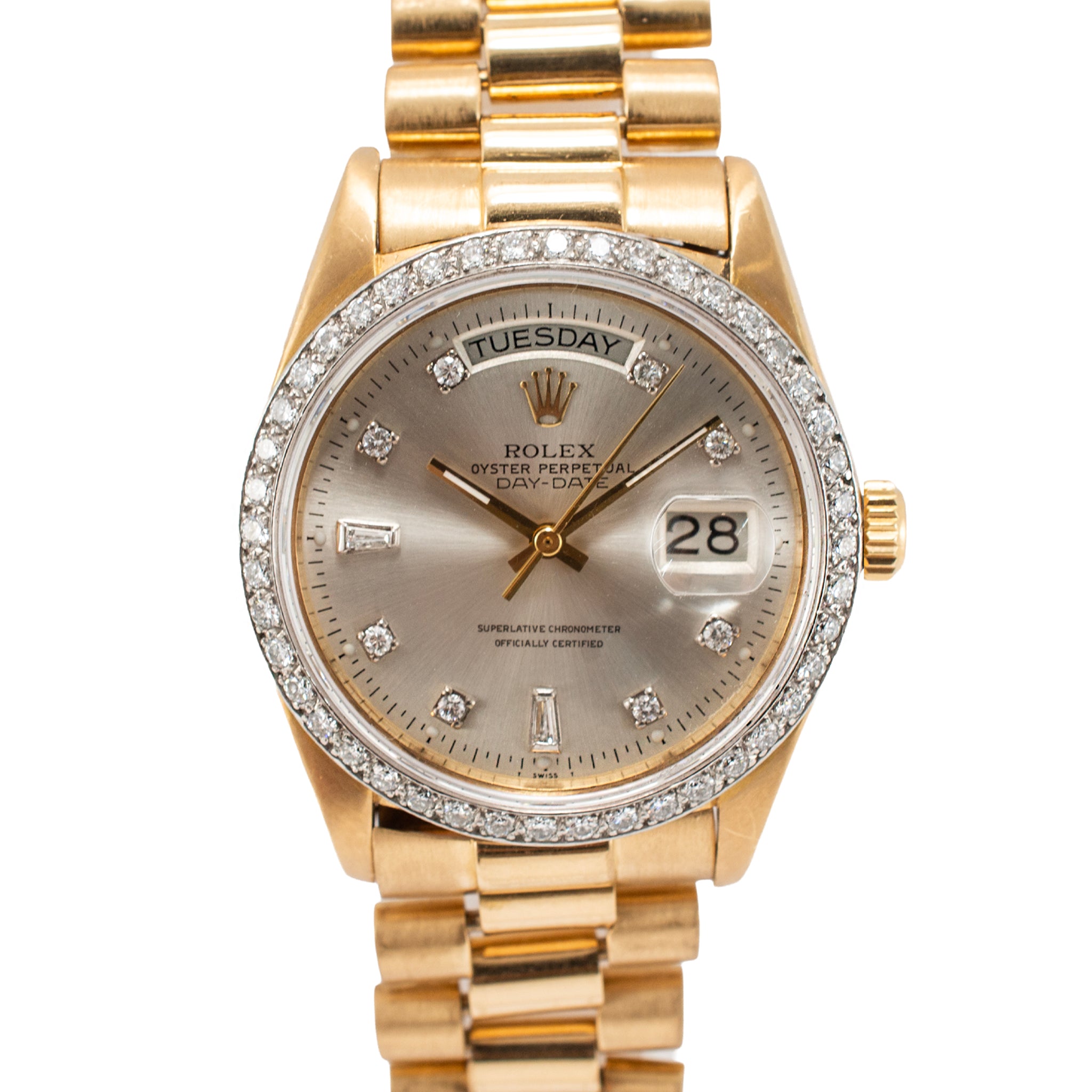 Rolex Day-Date 36MM 18048 President 18K Gold Diamond Bezel Silver Dial Watch