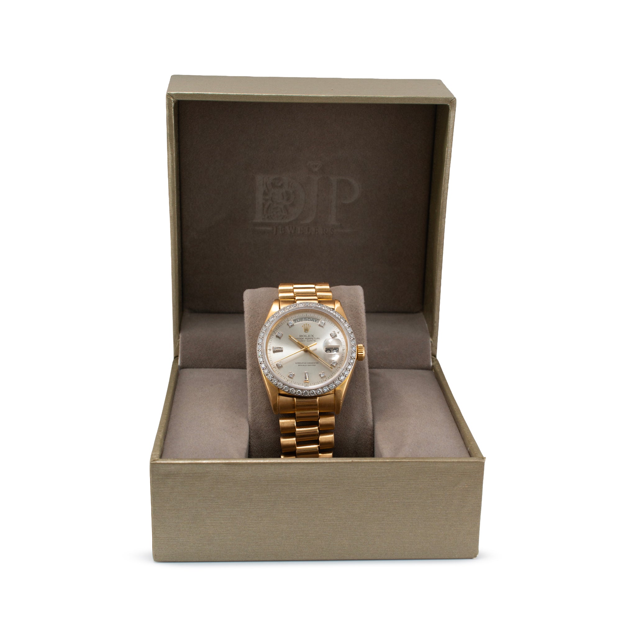 Rolex Day-Date 36MM 18048 President 18K Gold Diamond Bezel Silver Dial Watch