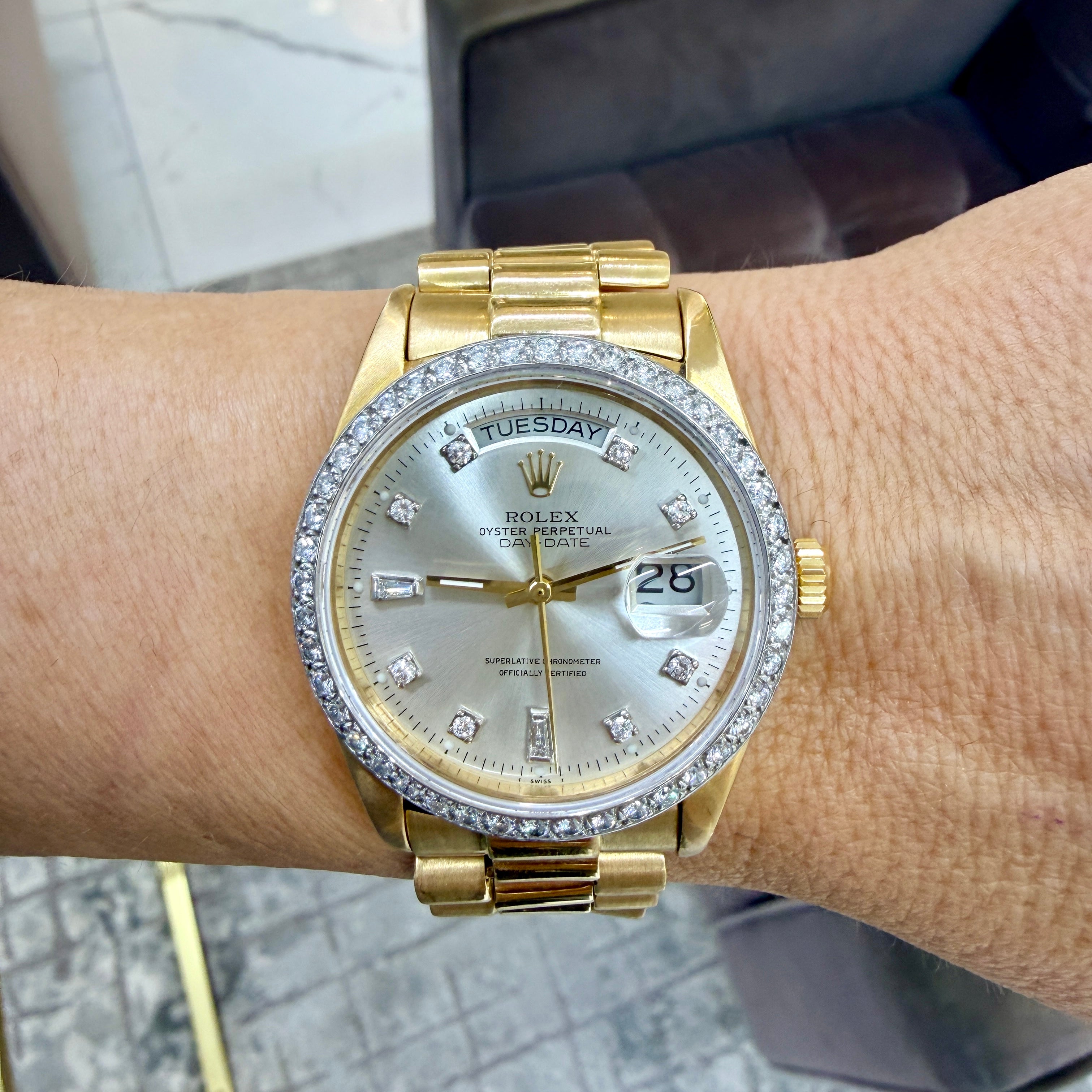 Rolex Day-Date 36MM 18048 President 18K Gold Diamond Bezel Silver Dial Watch