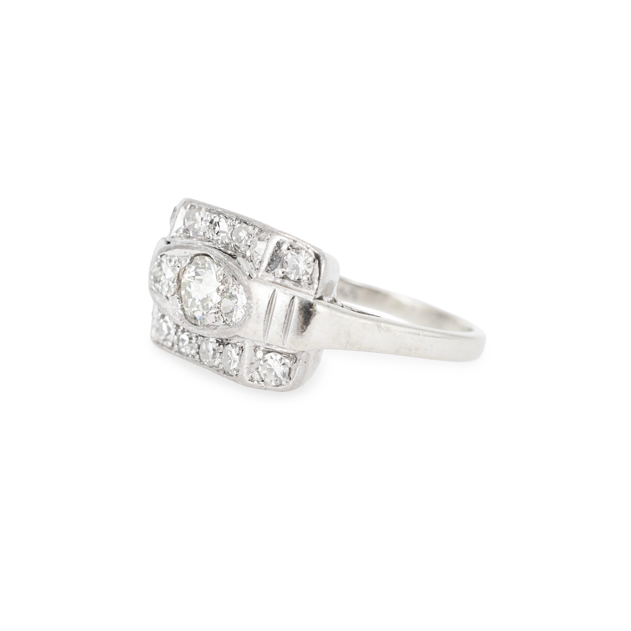 Antique 14K White Gold 1.57ctw Old Euro Cut Diamond Three Stone Engagement Ring
