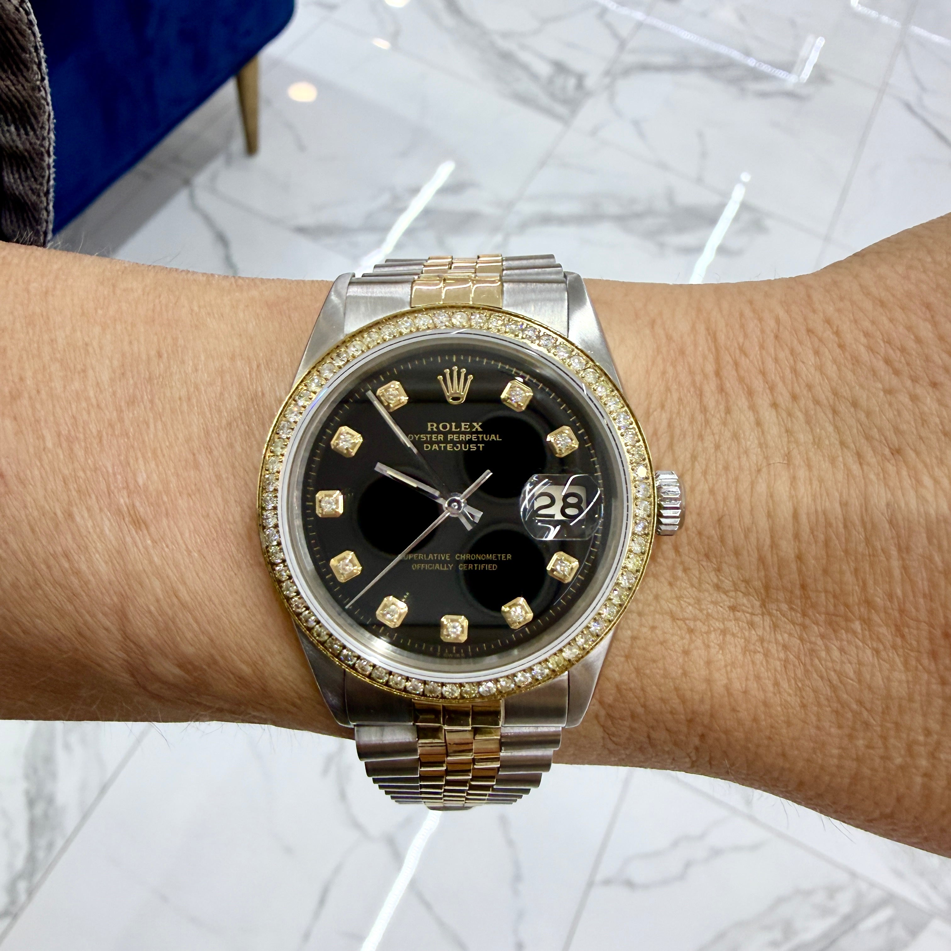 Rolex Datejust 36MM 1603 Black Dial Diamond Bezel Jubilee Gold Steel Watch