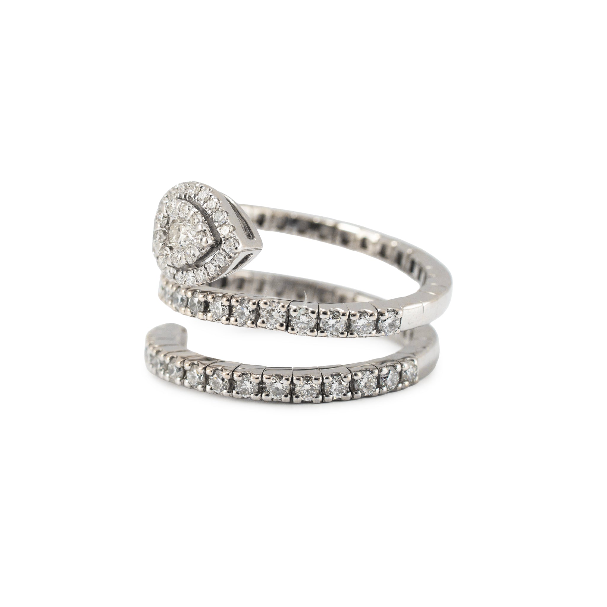 18K White Gold 1.07ct Diamond Spiral Wrap Pear Halo Flexible Band Ring