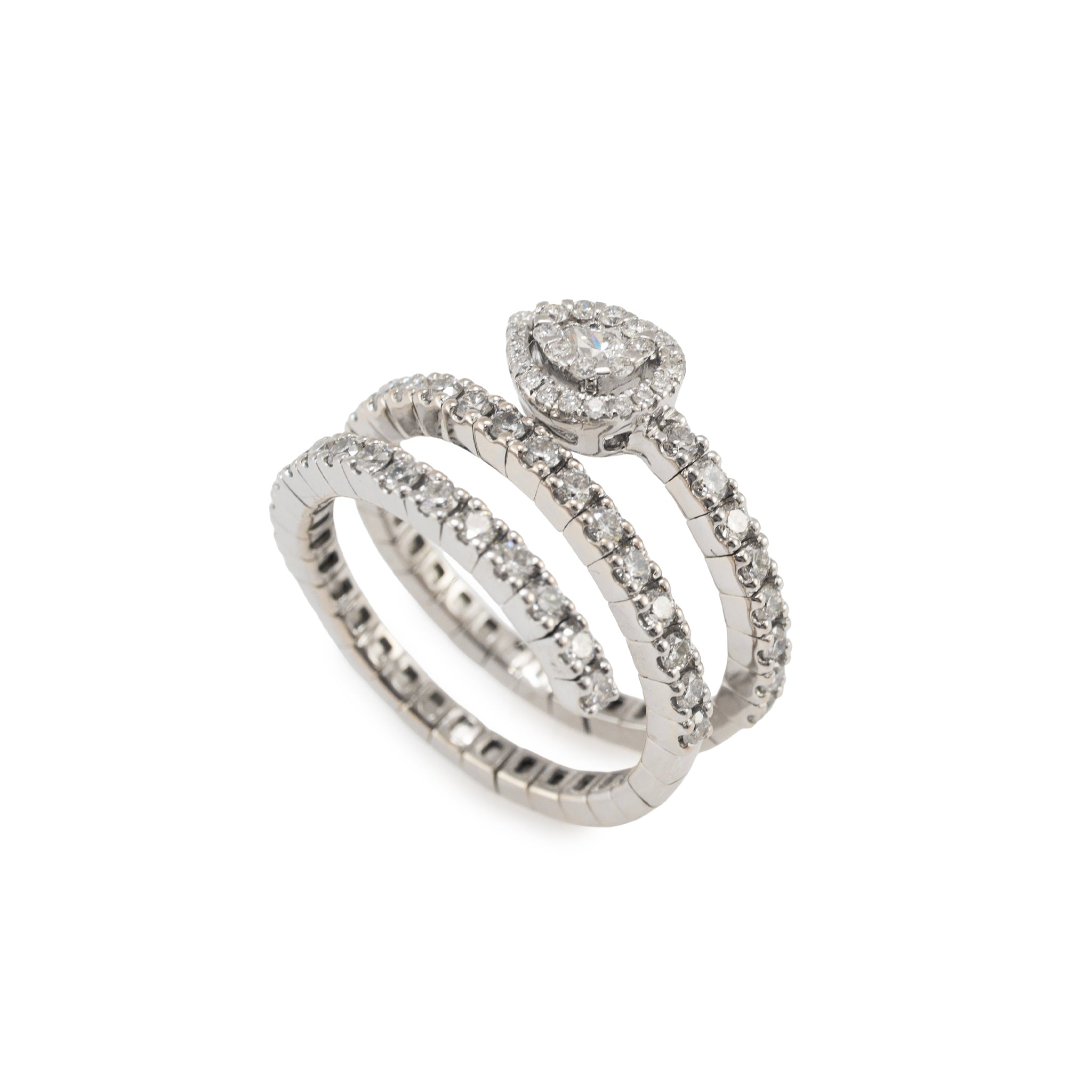 18K White Gold 1.07ct Diamond Spiral Wrap Pear Halo Flexible Band Ring