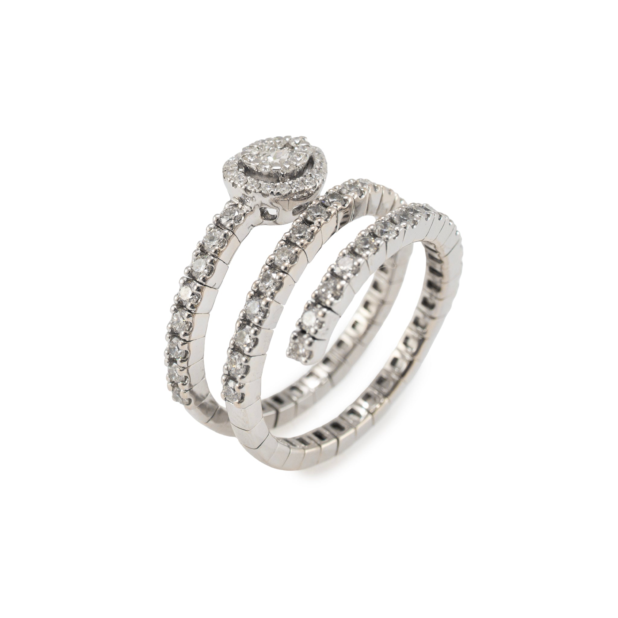 18K White Gold 1.07ct Diamond Spiral Wrap Pear Halo Flexible Band Ring