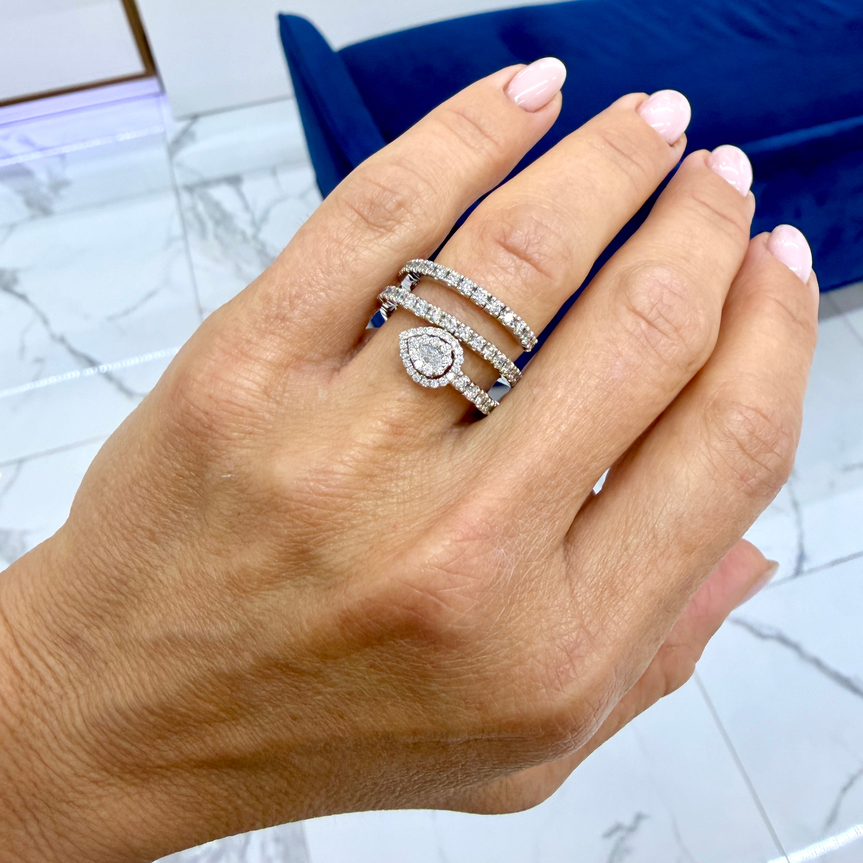 18K White Gold 1.07ct Diamond Spiral Wrap Pear Halo Flexible Band Ring
