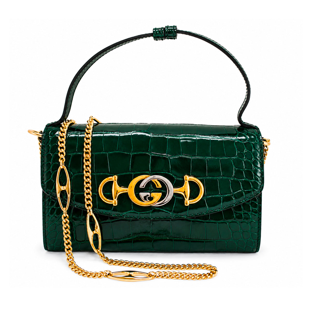Gucci Zumi Green Crocodile Mini Chain Gold Hardware Flap Shoulder Bag