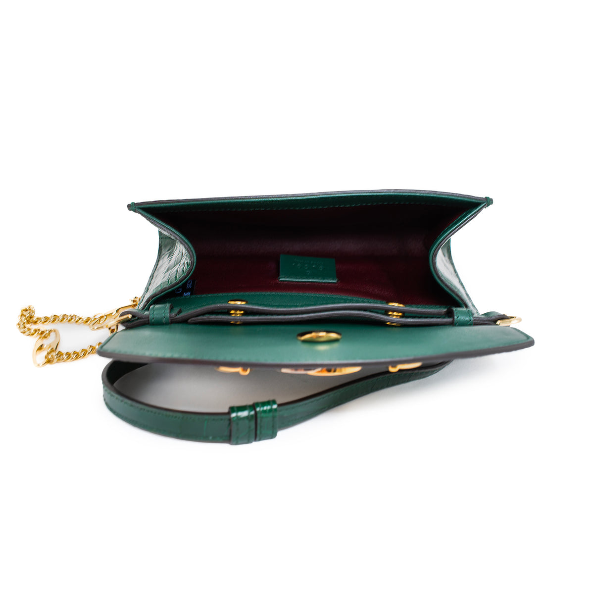 Gucci Zumi Green Crocodile Mini Chain Gold Hardware Flap Shoulder Bag