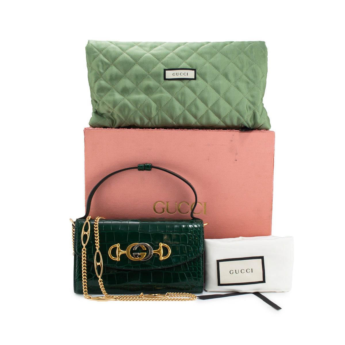 Gucci Zumi Green Crocodile Mini Chain Gold Hardware Flap Shoulder Bag