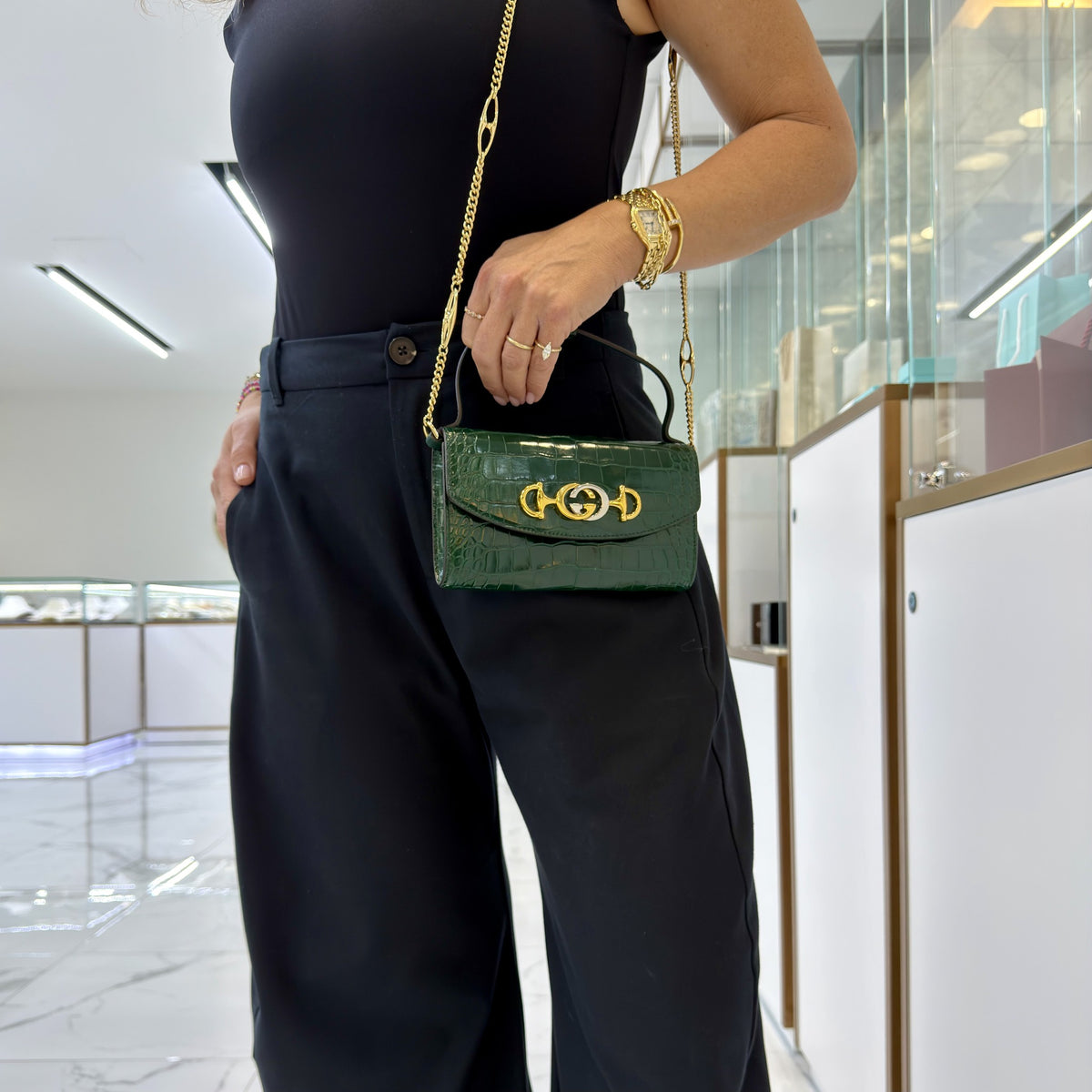 Gucci Zumi Green Crocodile Mini Chain Gold Hardware Flap Shoulder Bag