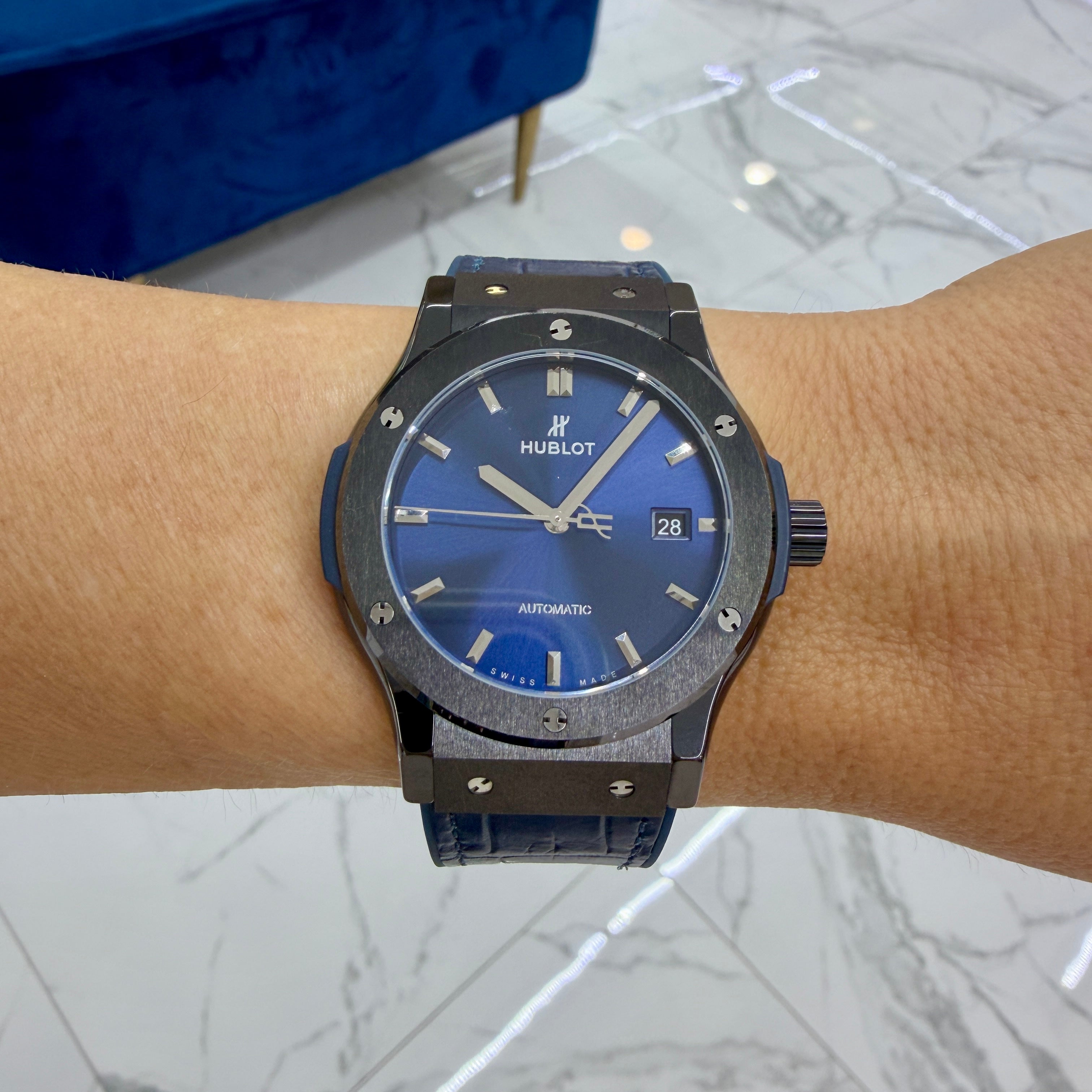 Hublot Classic Fusion 45MM 511.cm.7170.rx Titanium Blue Dial Black Ceramic Watch