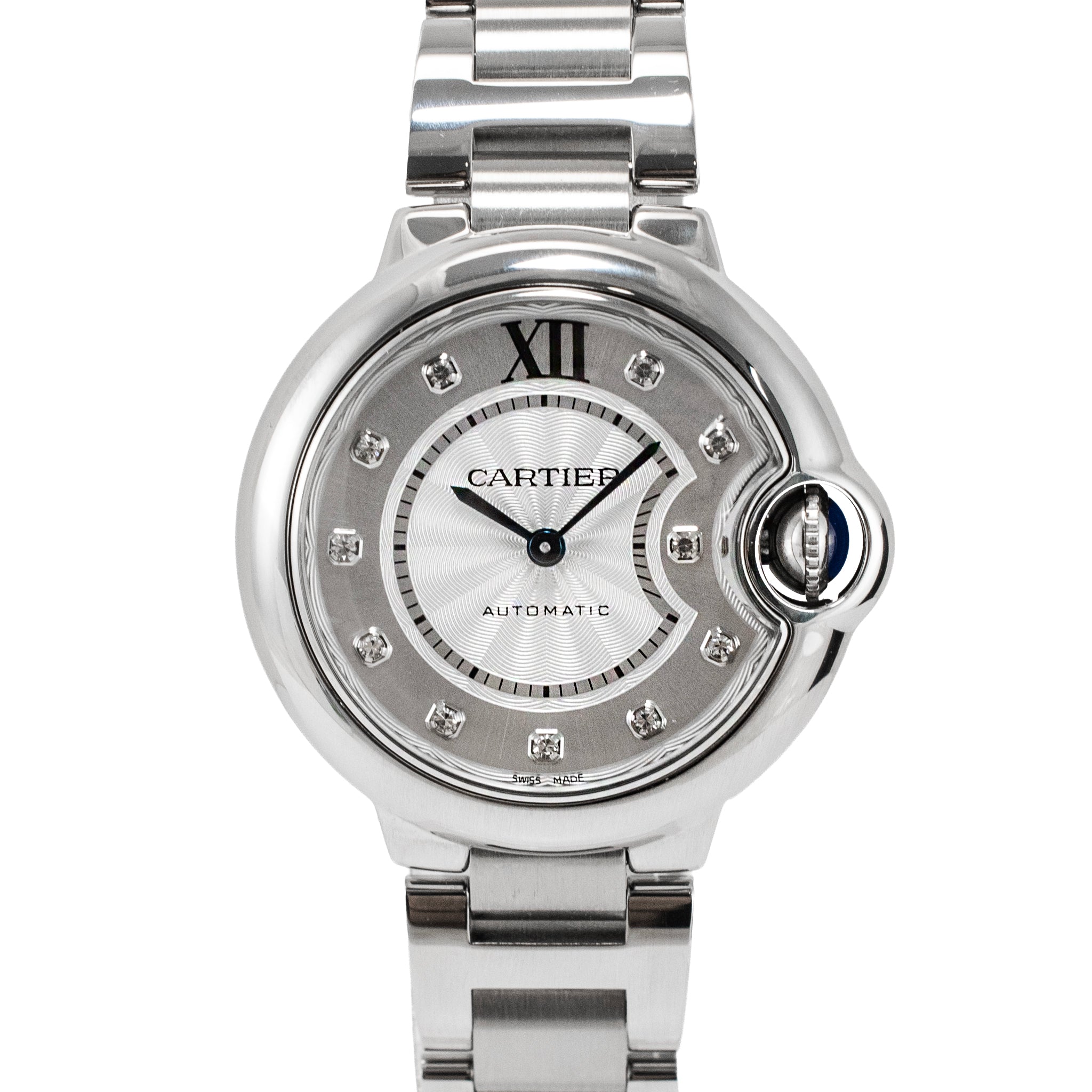 Ladies Cartier Ballon Bleu 33MM 3489 Silver Diamond Dial Steel Automatic Watch