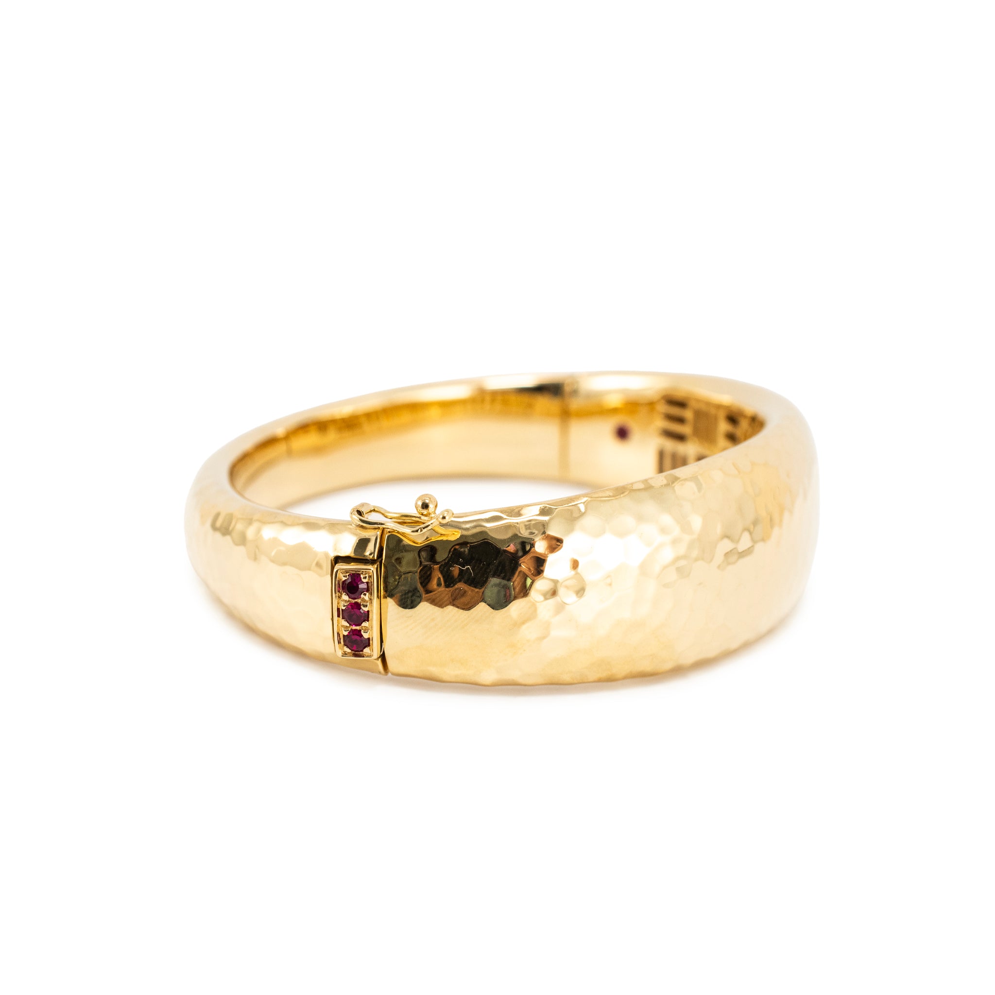 Ladies Roberto Coin Martellato Collection 18K Yellow Gold Hammered Ruby Hinged Bangle Bracelet