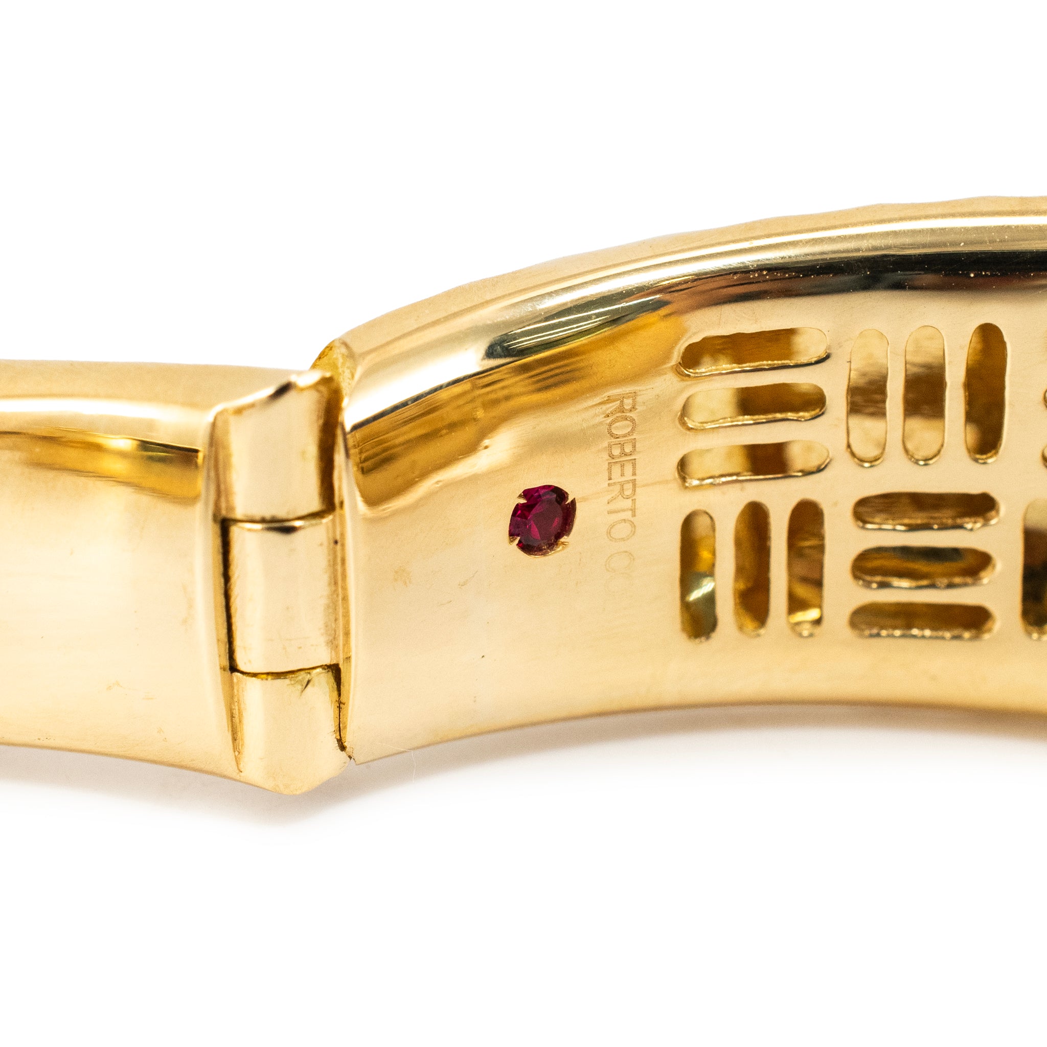 Ladies Roberto Coin Martellato Collection 18K Yellow Gold Hammered Ruby Hinged Bangle Bracelet