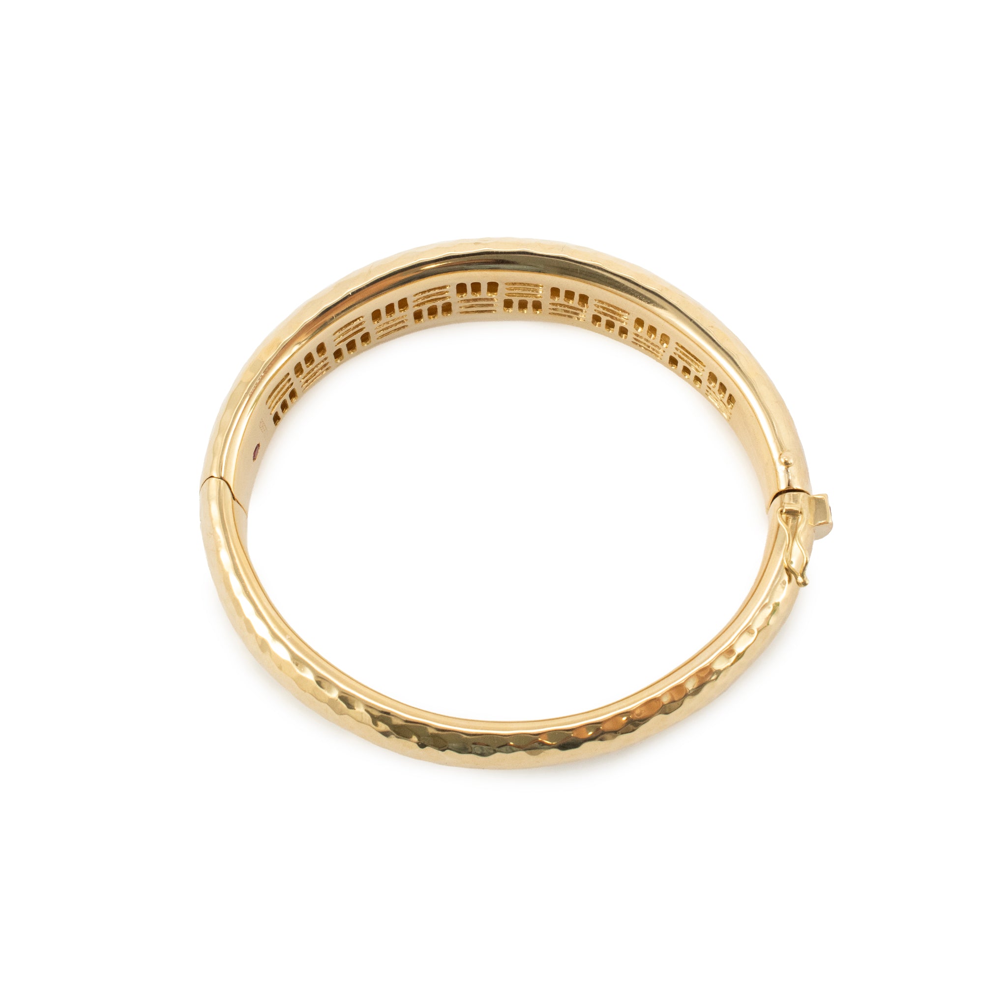 Ladies Roberto Coin Martellato Collection 18K Yellow Gold Hammered Ruby Hinged Bangle Bracelet