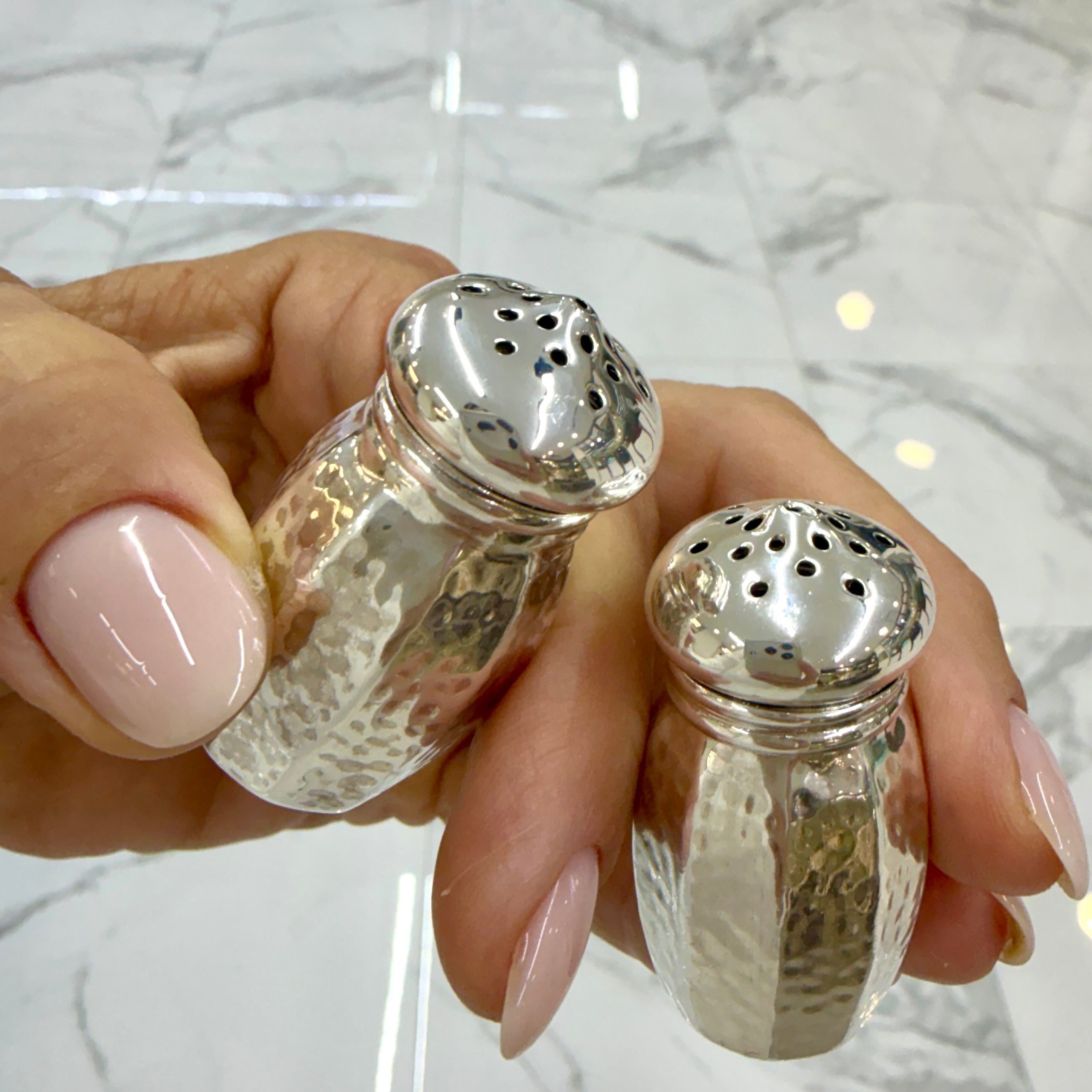 Vintage Sterling Silver Hammered Salt & Pepper Shakers Home Flatware Set
