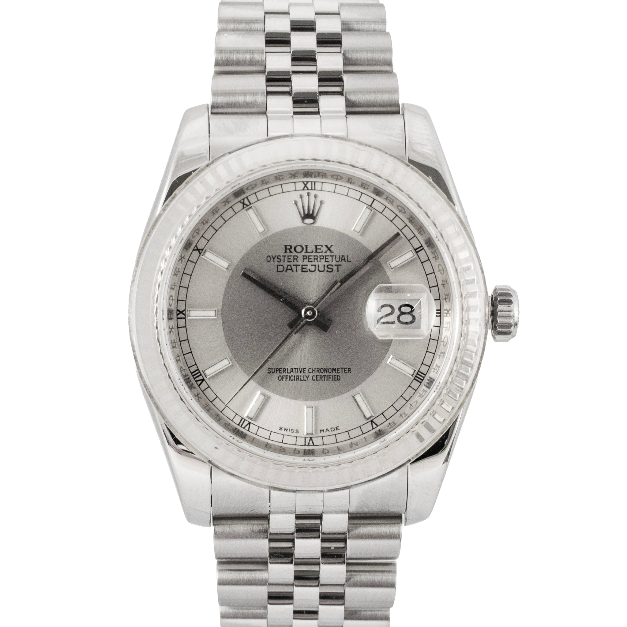 Rolex Datejust 36MM 116234 Tuxedo Dial Jubilee 18K White Gold Fluted Steel Watch