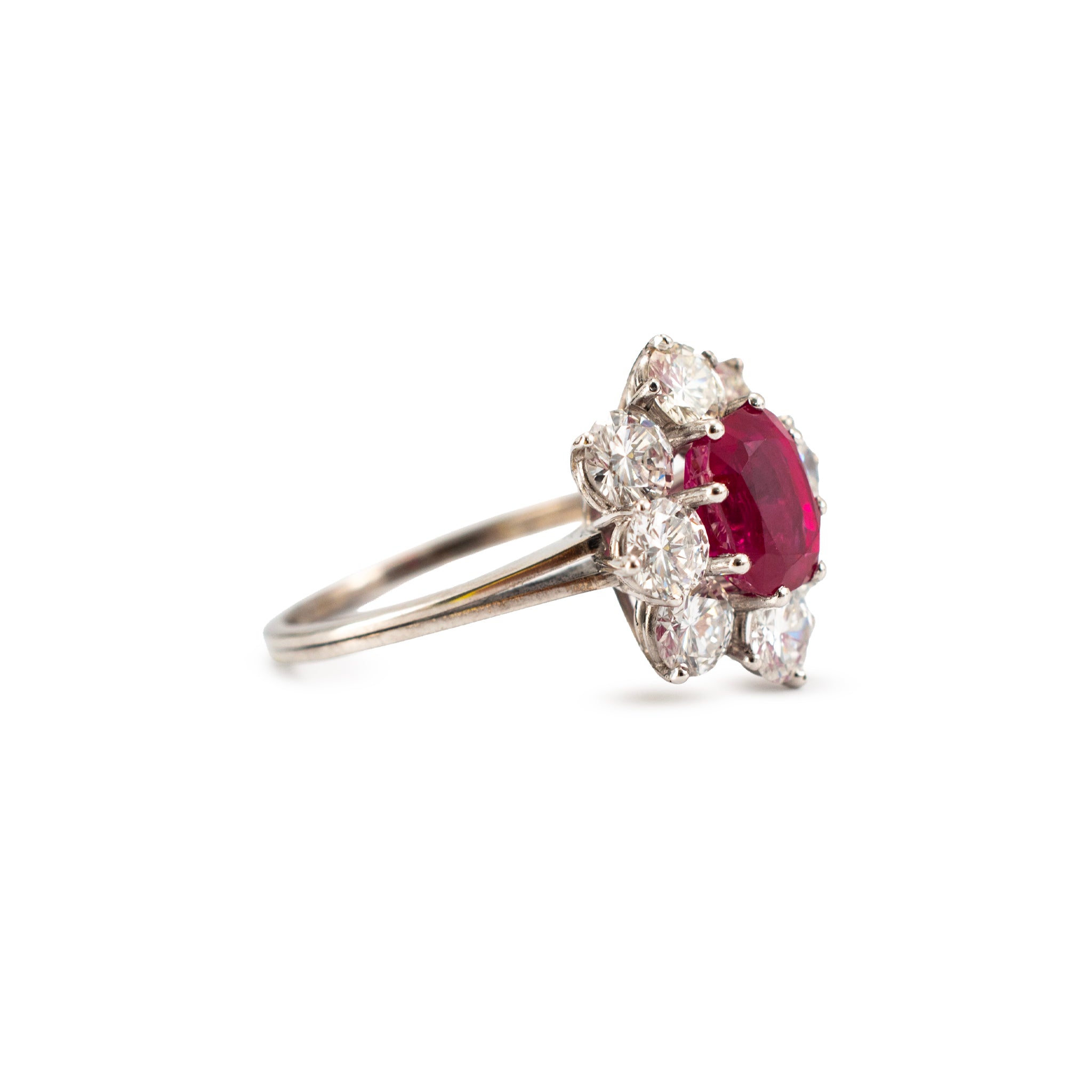 Vintage 18K White Gold Gia 3.93ctw Burma Ruby Halo Diamond Floral Cocktail Ring