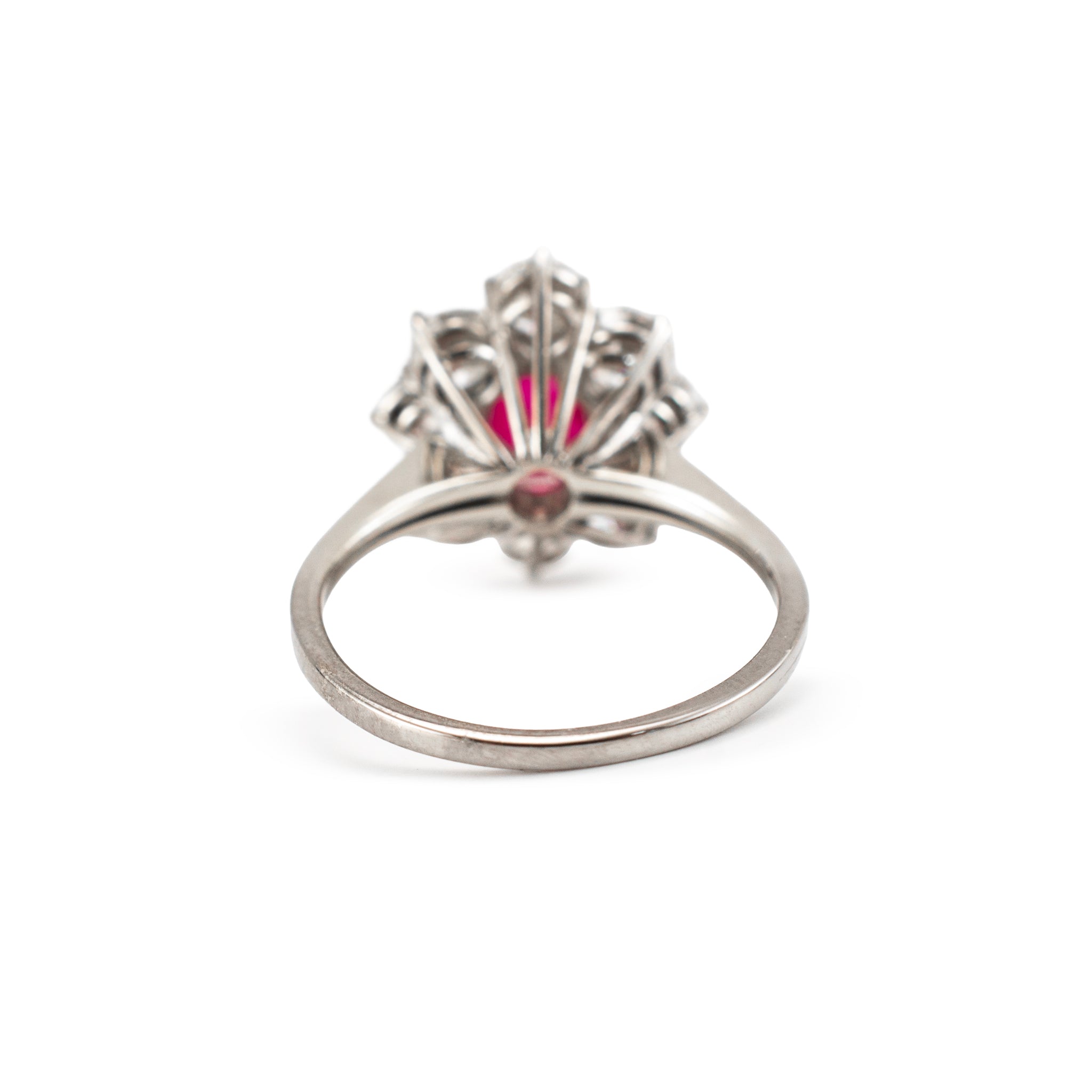 Vintage 18K White Gold Gia 3.93ctw Burma Ruby Halo Diamond Floral Cocktail Ring