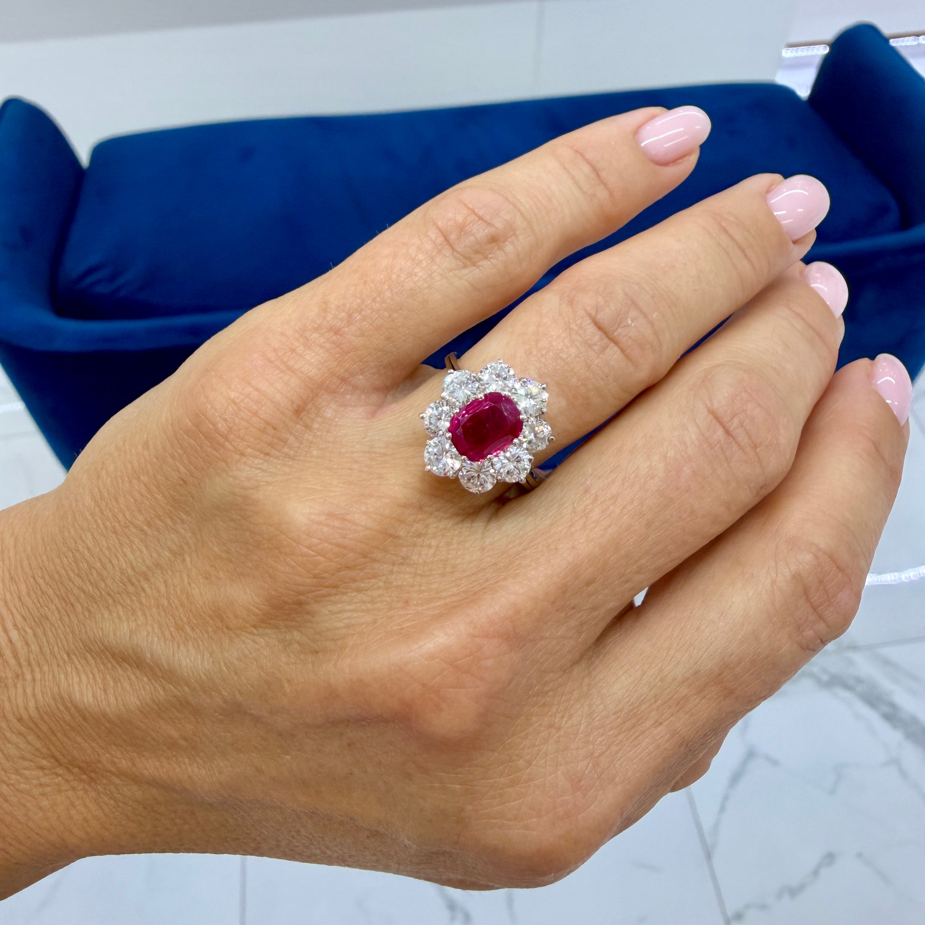 Vintage 18K White Gold Gia 3.93ctw Burma Ruby Halo Diamond Floral Cocktail Ring