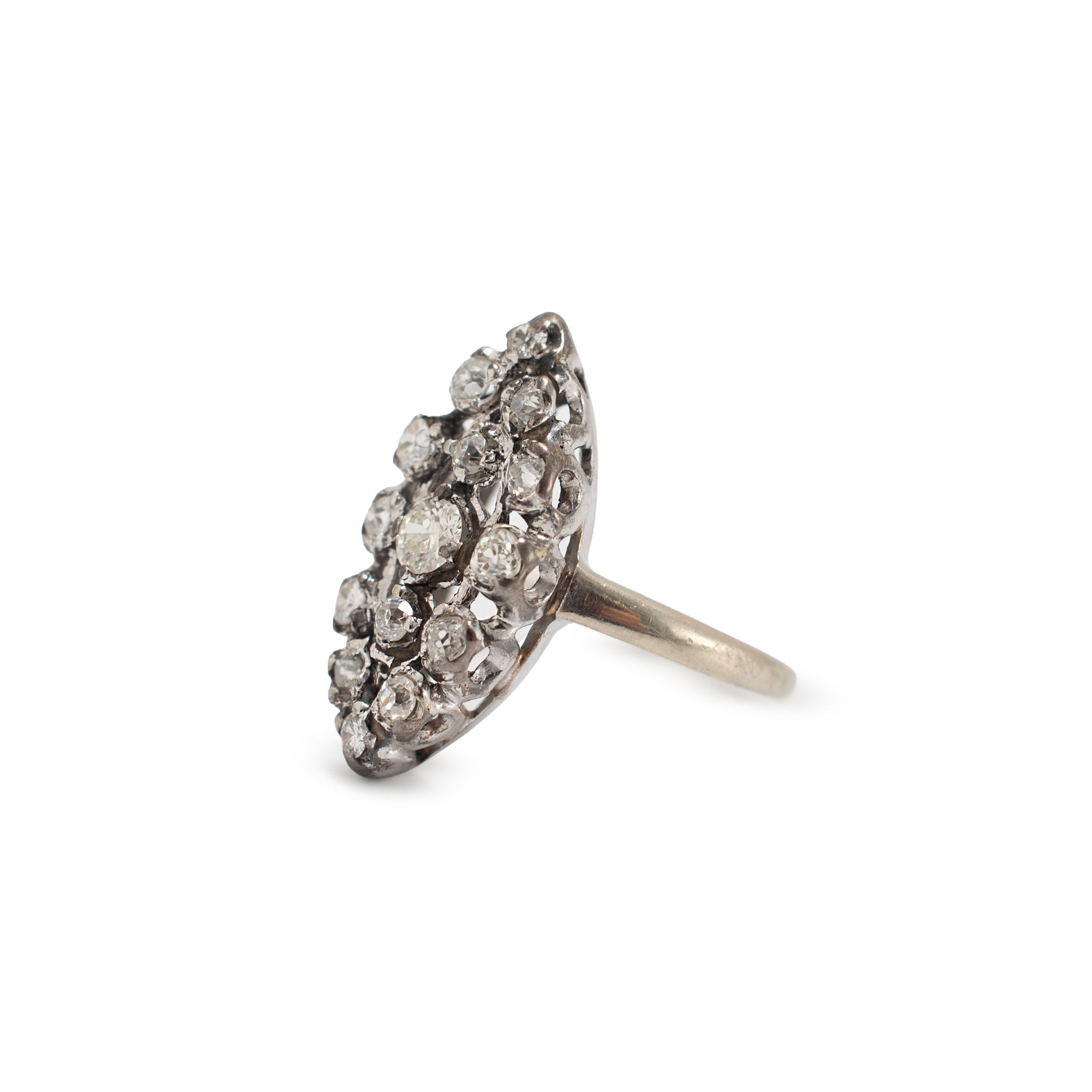 Antique Edwardian 14K White Gold 1.01ctw Diamond Elongated Navette Cocktail Ring