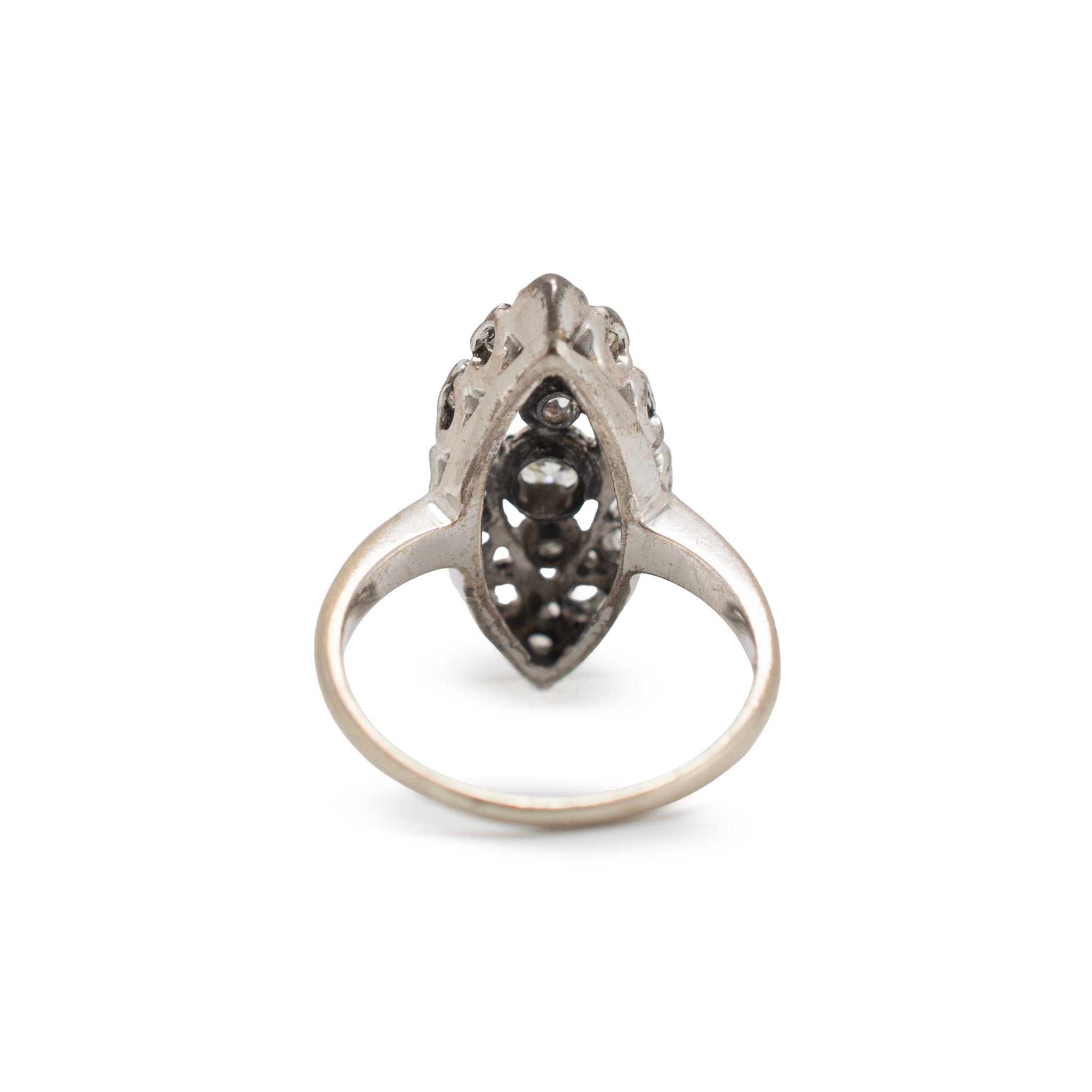 Antique Edwardian 14K White Gold 1.01ctw Diamond Elongated Navette Cocktail Ring