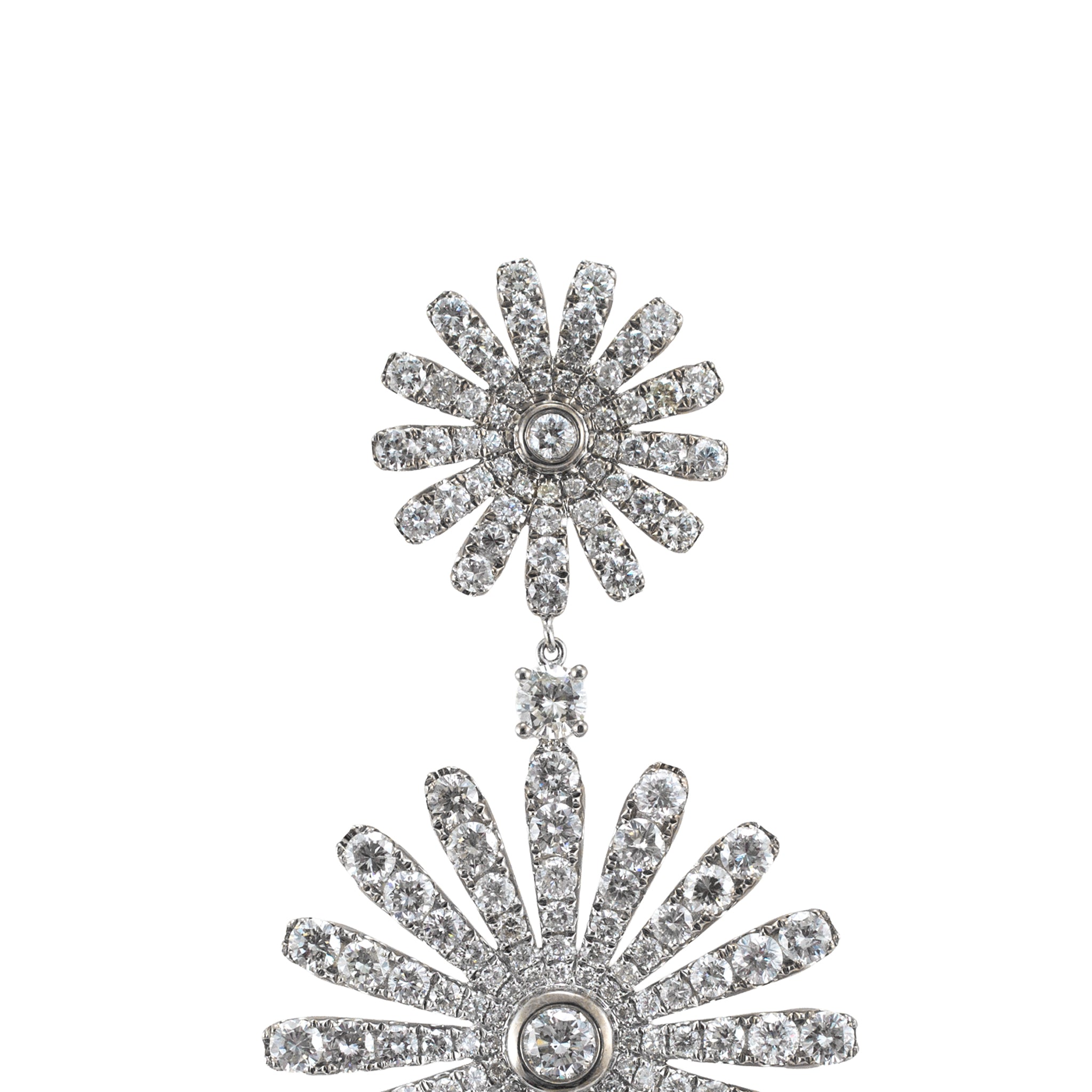 18K White Gold 13.00ctw Round Cut Diamond Sunburst Double Eschle Dangle Earrings