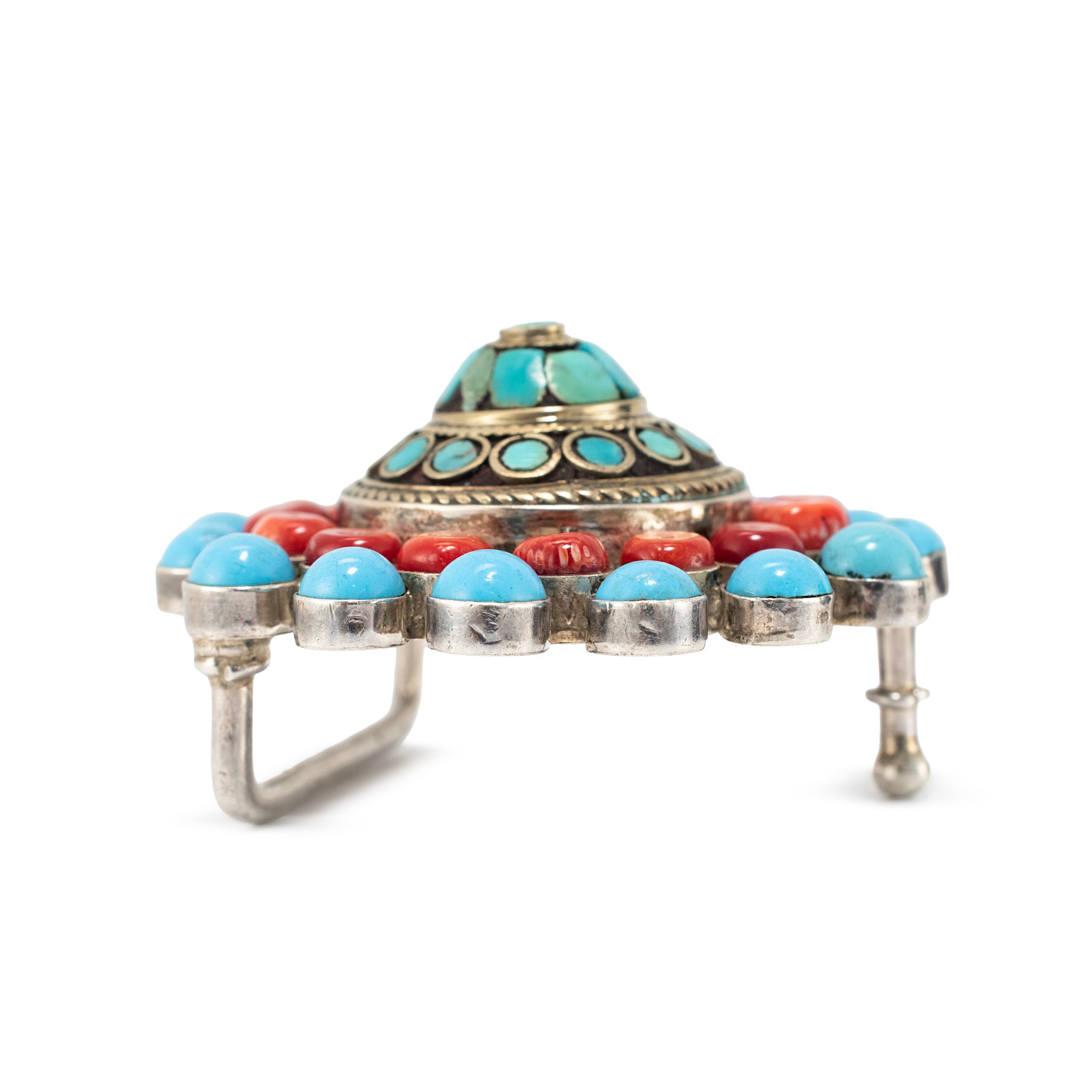 Vintage Native American Sterling Silver Turquoise Coral Mosaic Belt Buckle