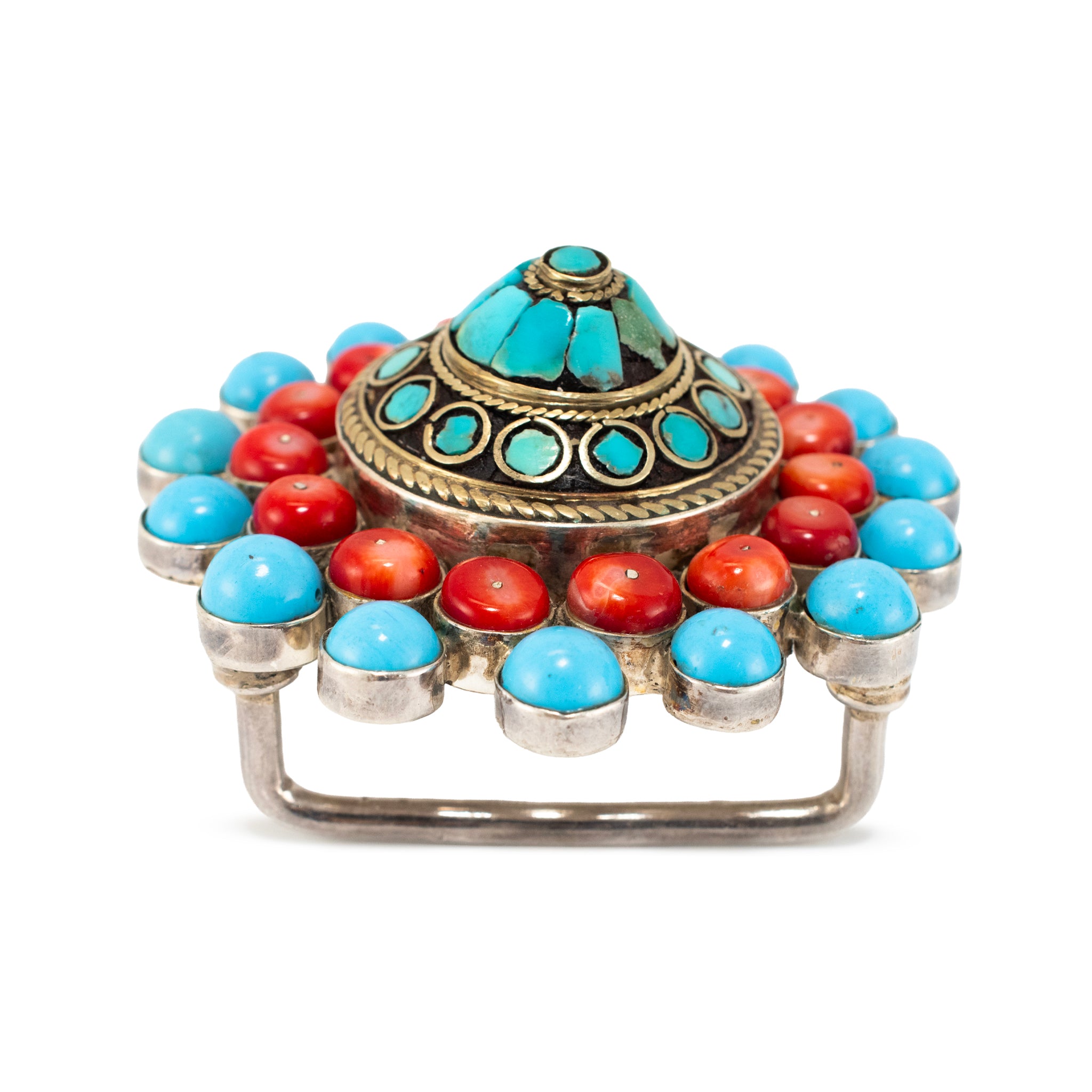 Vintage Native American Sterling Silver Turquoise Coral Mosaic Belt Buckle