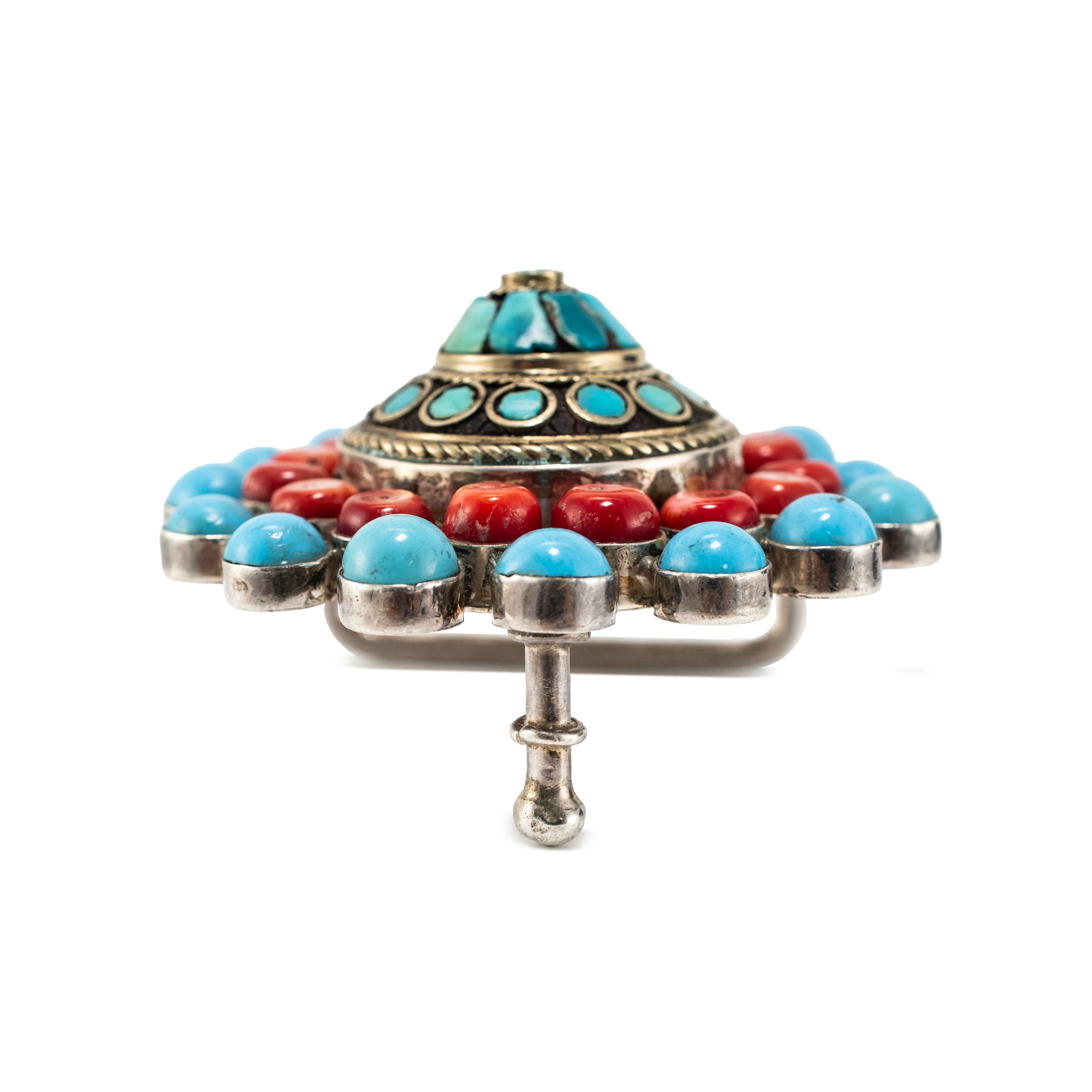 Vintage Native American Sterling Silver Turquoise Coral Mosaic Belt Buckle