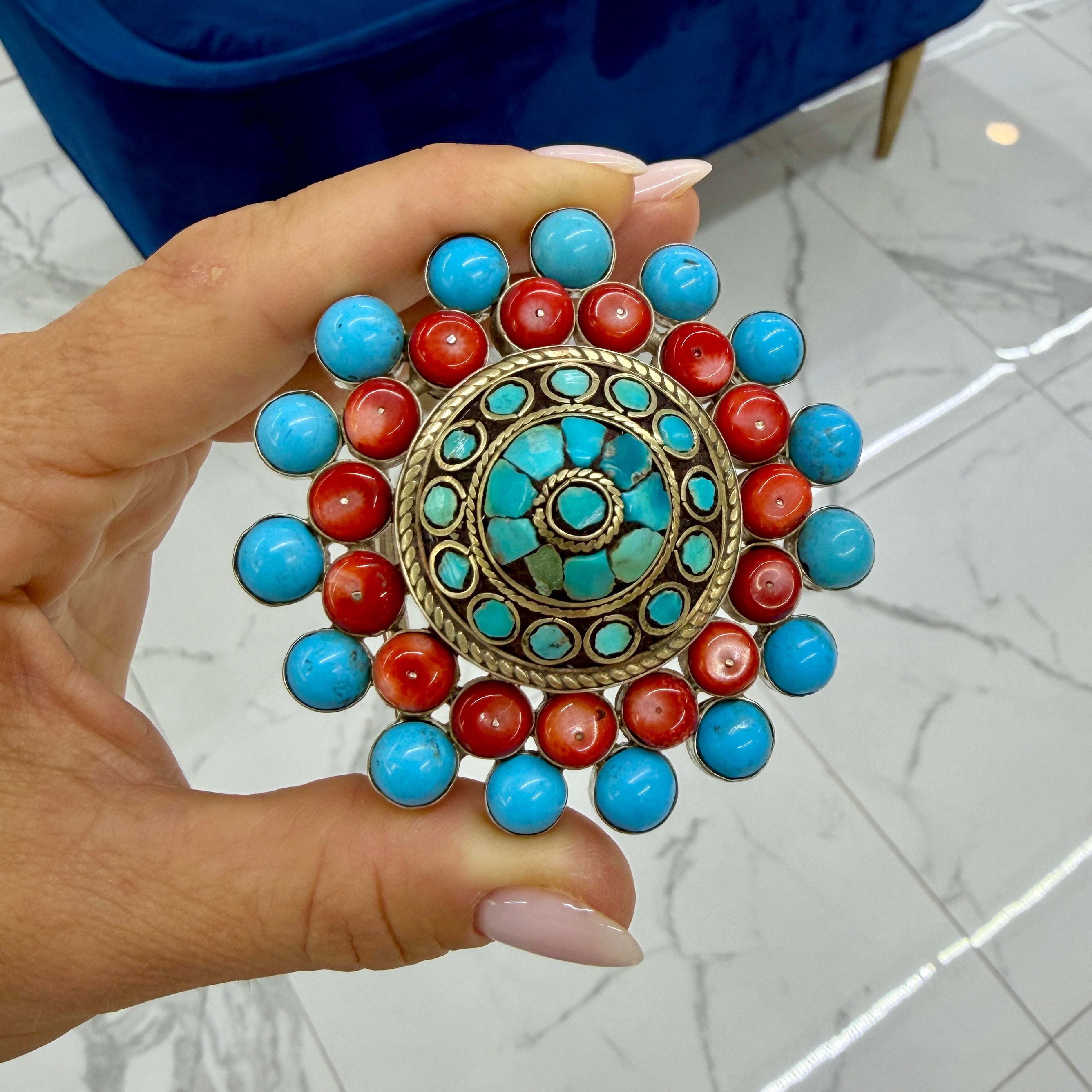 Vintage Native American Sterling Silver Turquoise Coral Mosaic Belt Buckle