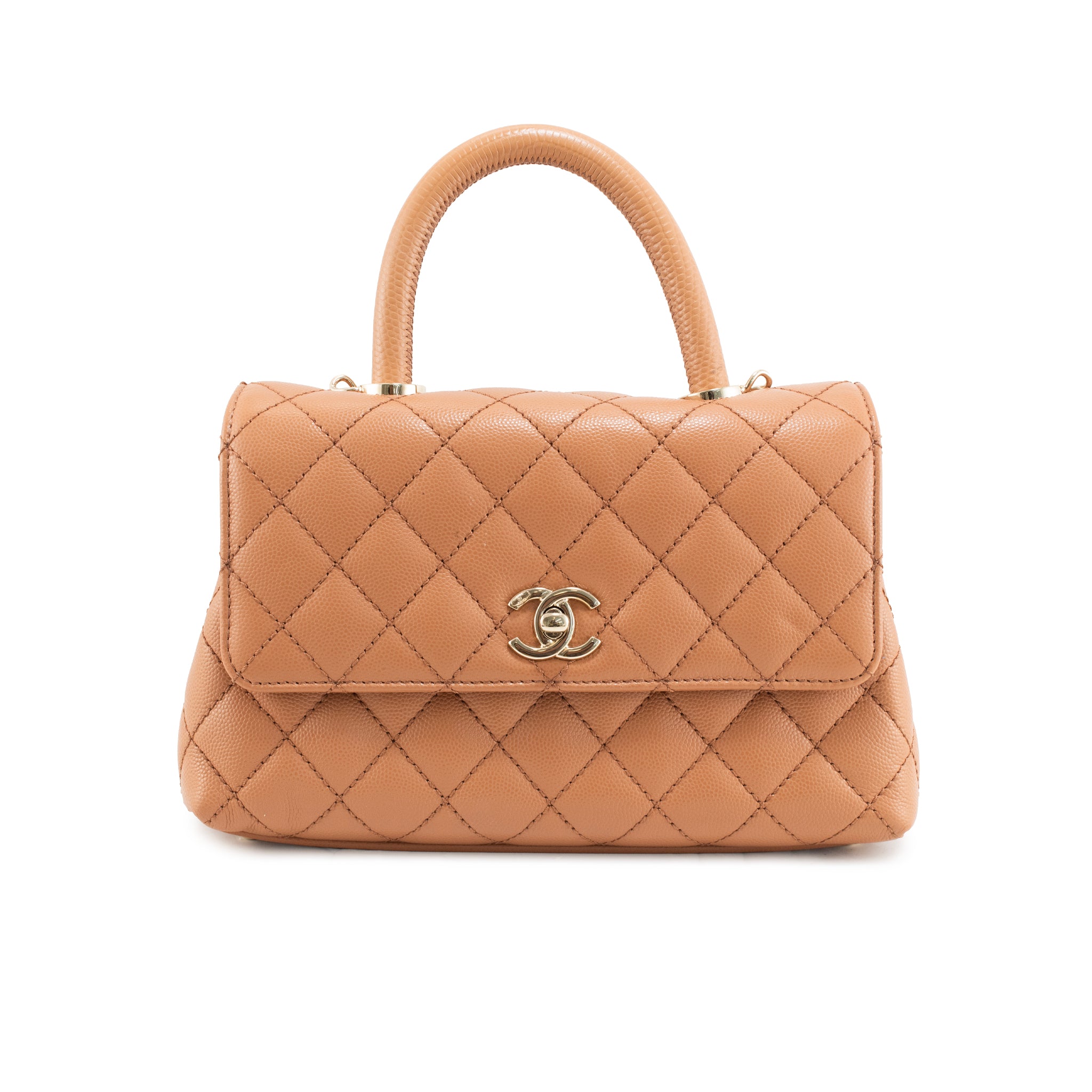 Chanel Coco Caramel Brown Quilted Caviar Leather Mini Flap Top Handle Bag