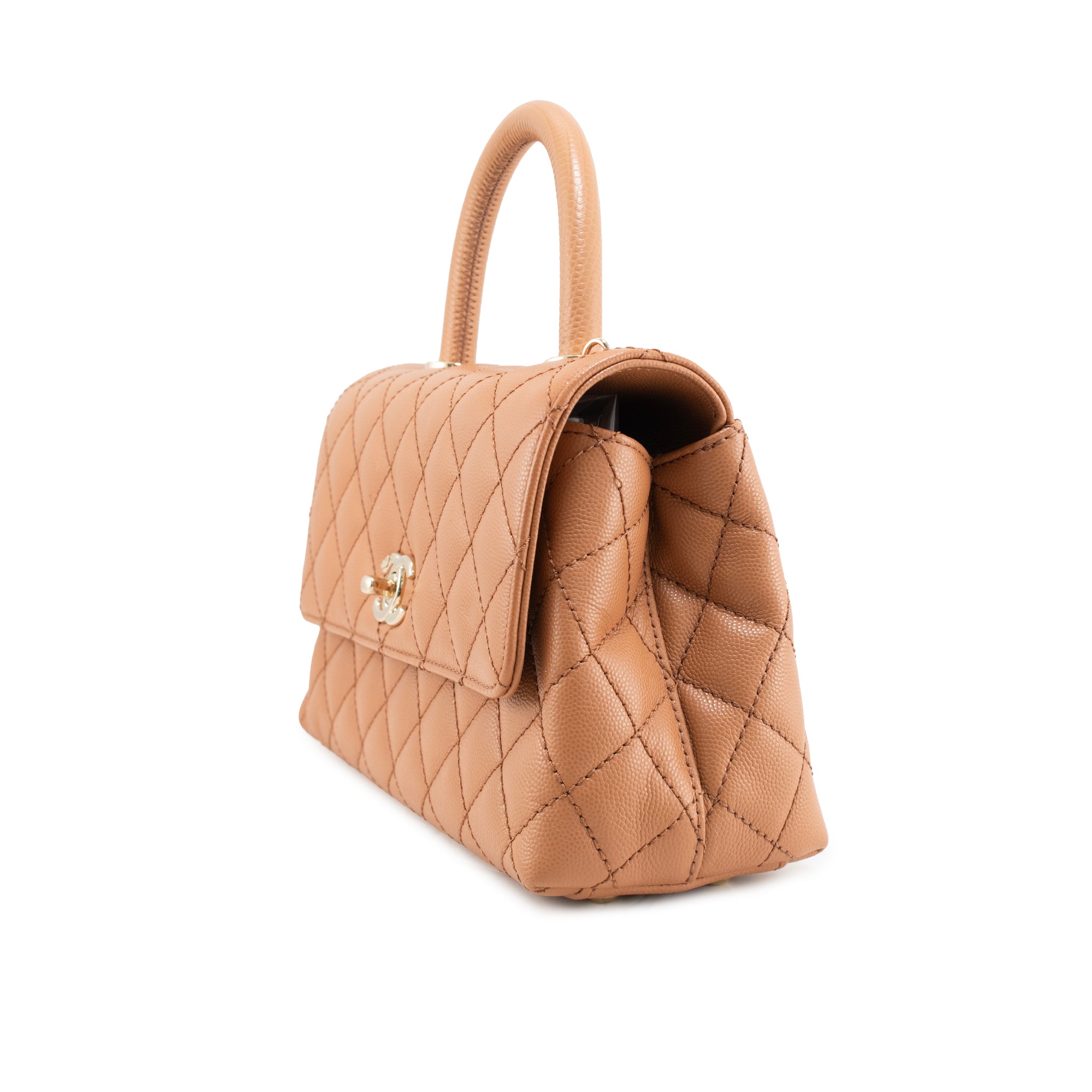Chanel Coco Caramel Brown Quilted Caviar Leather Mini Flap Top Handle Bag