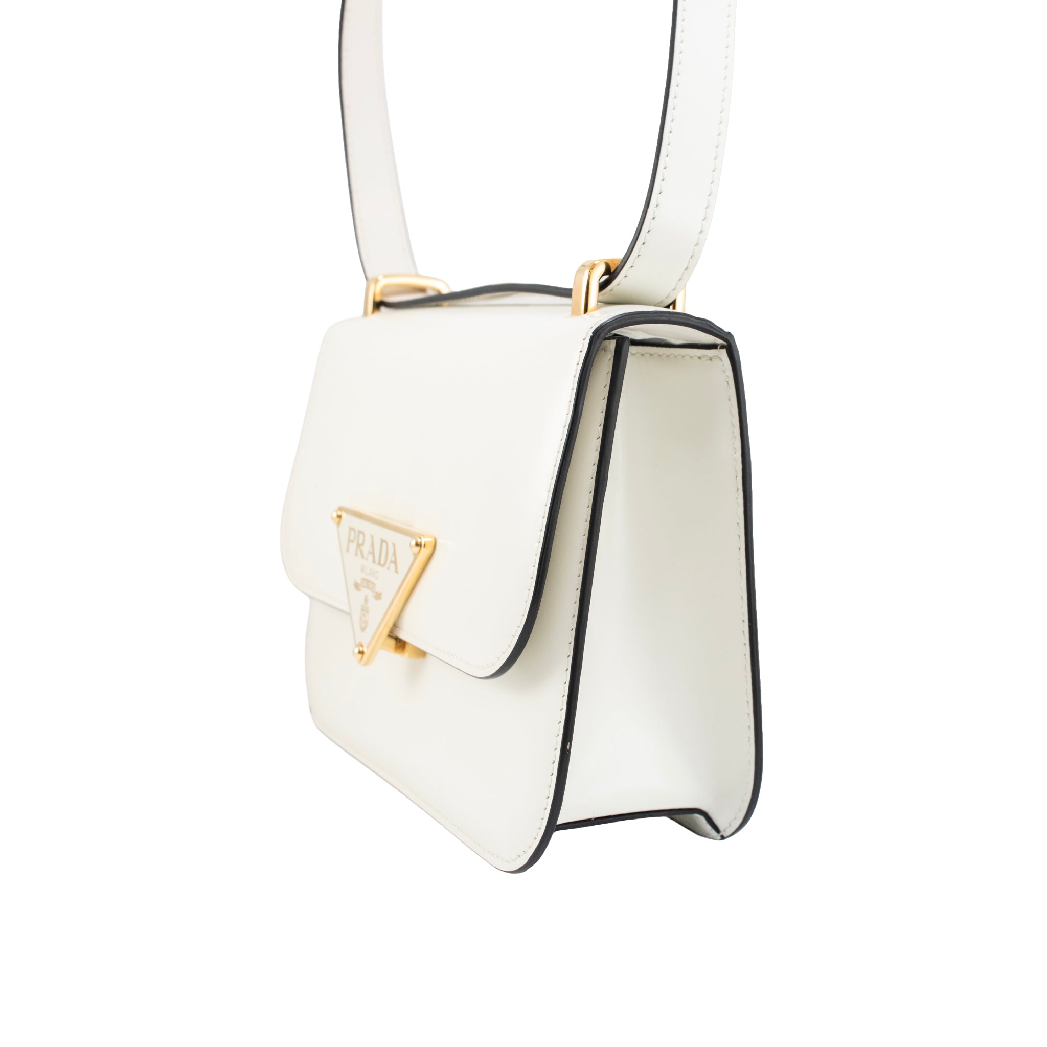 Prada White Soft Calfskin Triangle Logo Gold Hardware Flap Shoulder Bag